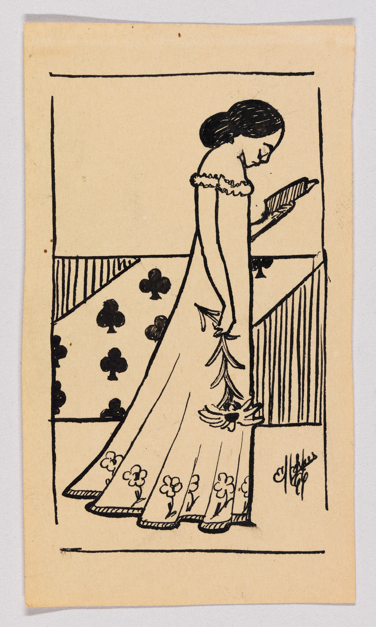 A vintage illustration on a beige background depicting a woman in a long dress adorned with clover leaf patterns, reading a book. She stands next to a railing with her head bowed towards the pages. The drawing is outlined in bold black ink with a signature at the bottom right corner.