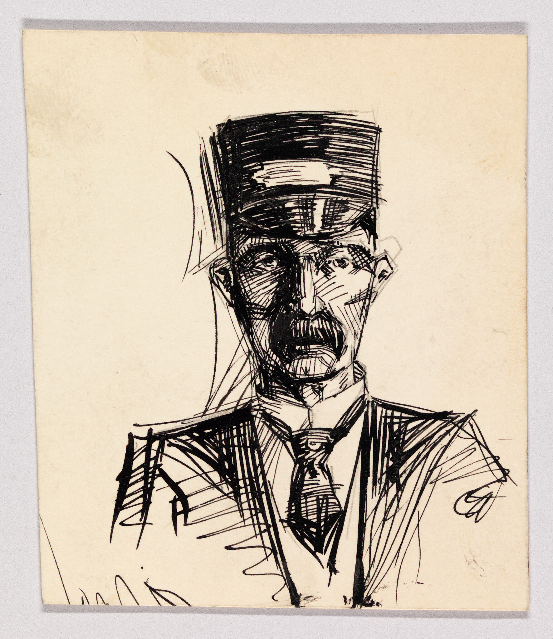 A rough ink sketch of a stern man wearing a tall hat, suit, and tie.