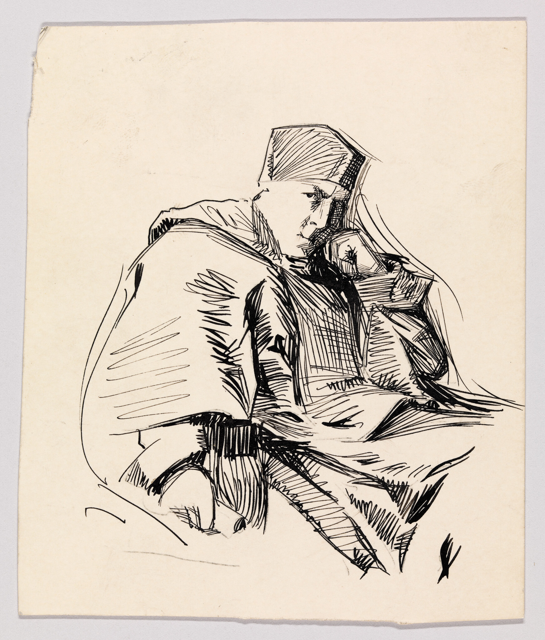 A pen sketch of a seated person in a cloak and hat resting their head on their hand.