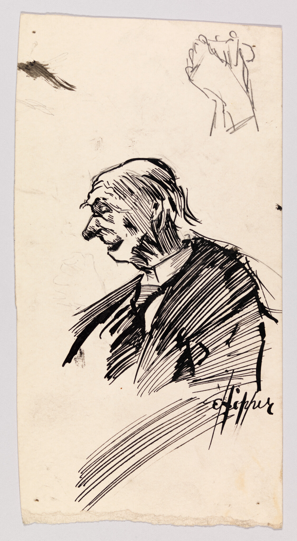 An ink sketch of an elderly man in profile wearing a suit and tie.