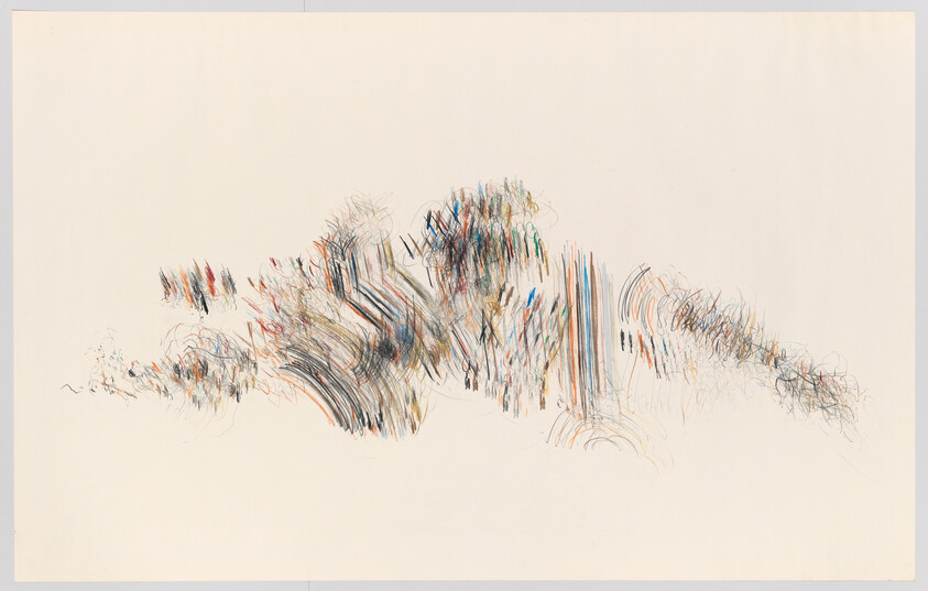 Colored pencil strokes form a loose, horizontal, mountain-like shape across a pale background.