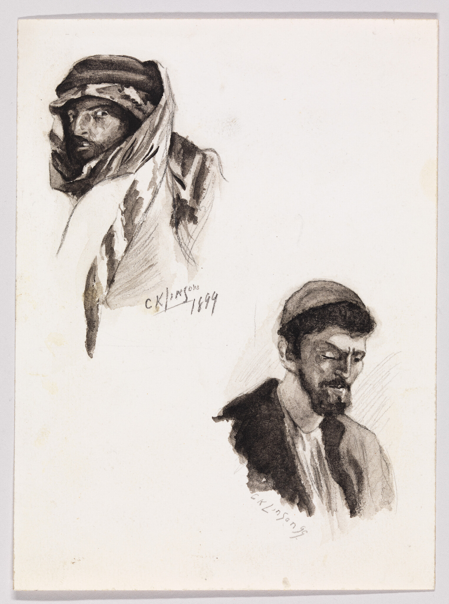 Two charcoal portraits of men, one in a headscarf looking over his shoulder and one looking downward.
