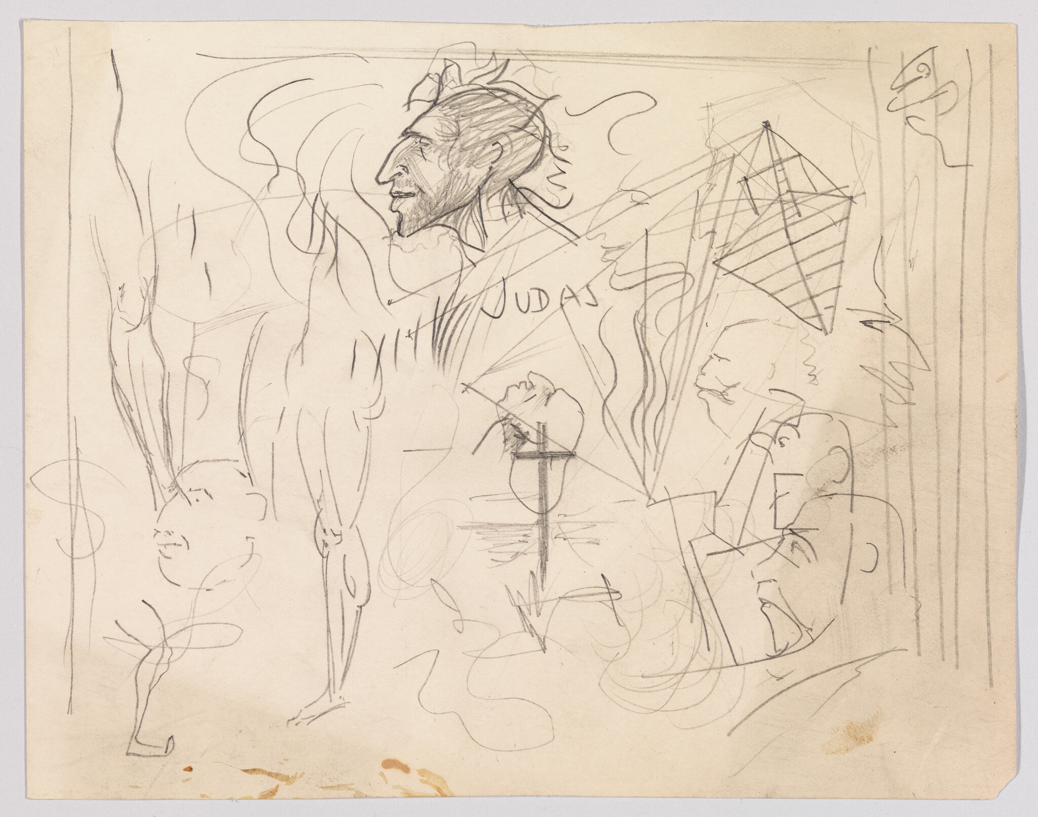 Rough pencil sketch of a bearded man's profile labeled "JUDAS" among abstract figures and a cross.