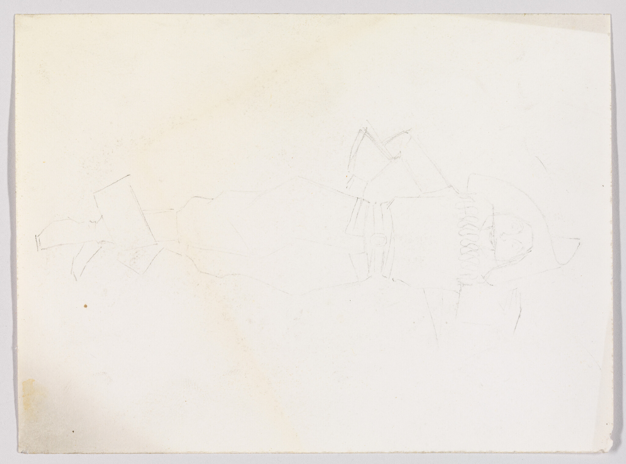 A faint pencil sketch of a reclining figure wearing a hat and ruffled collar.