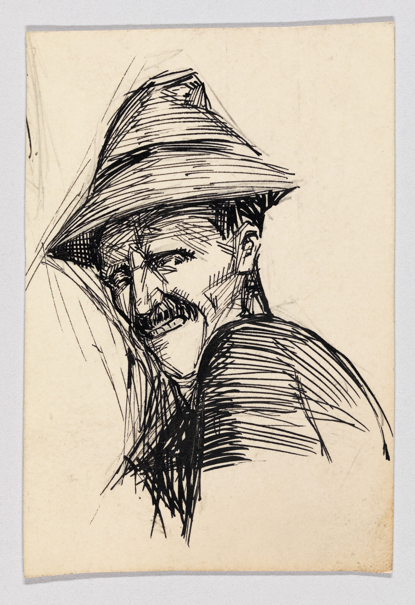 A pen sketch of a mustached man wearing a wide-brim hat looking over his shoulder.