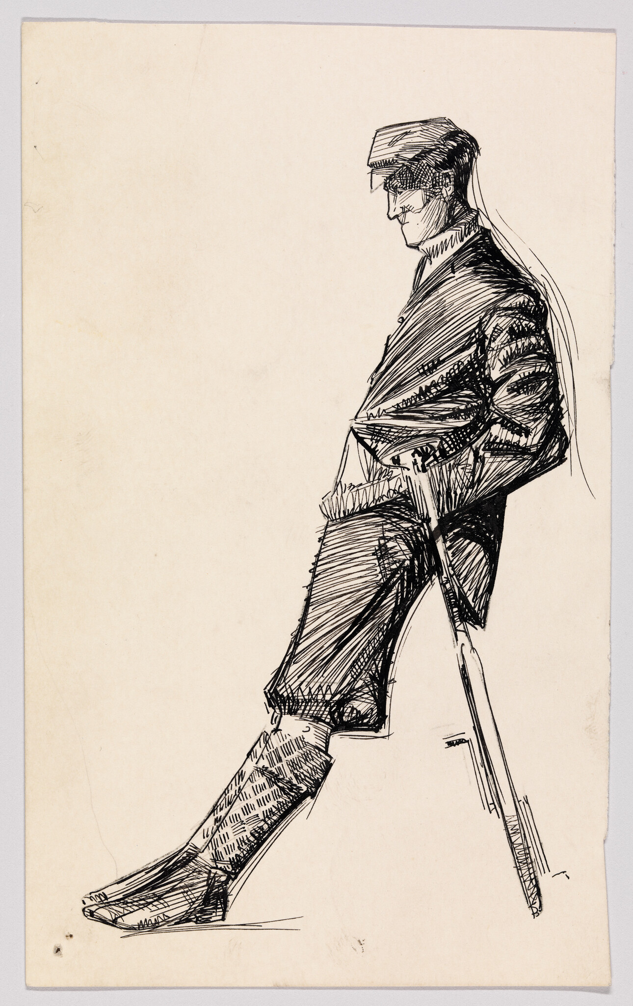 A man in a cap leans back with hands in his pockets and a cane supporting him.