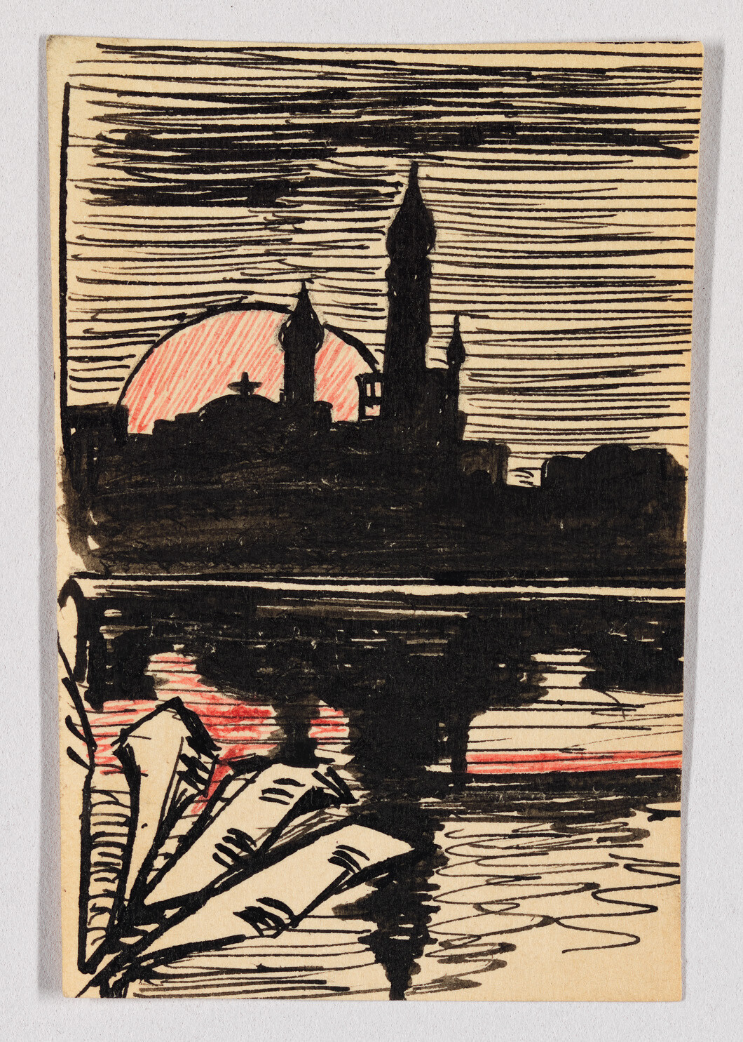 Silhouetted mosque skyline at sunset with pink sun and water reflections, folded paper boats in foreground.