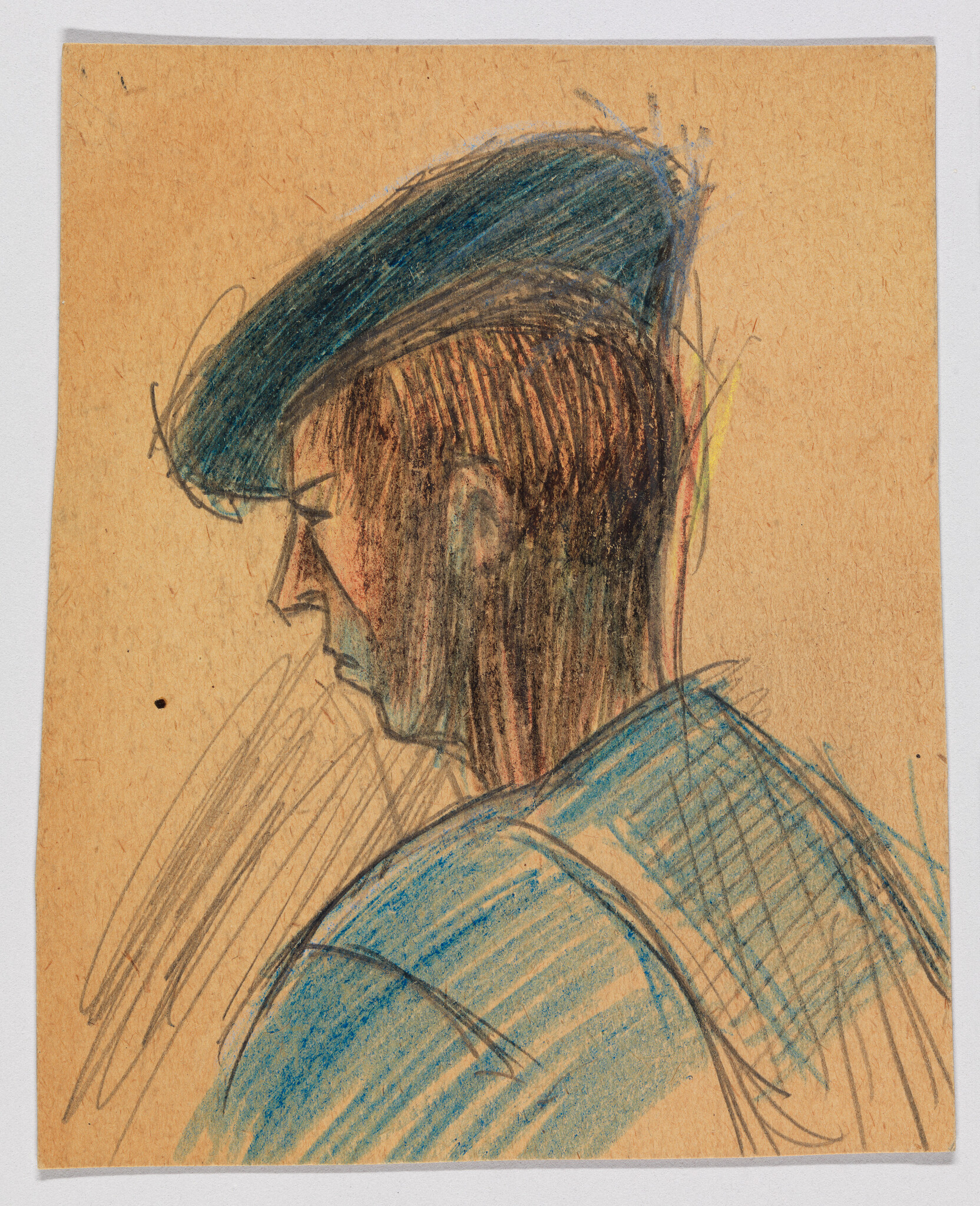 A man in profile wearing a blue cap and shirt looks downward.