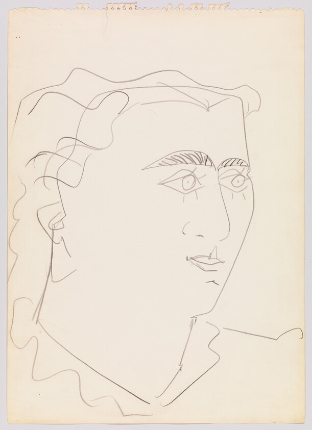 Simple pencil line drawing of a person's head and shoulders with defined eyebrows and lips.