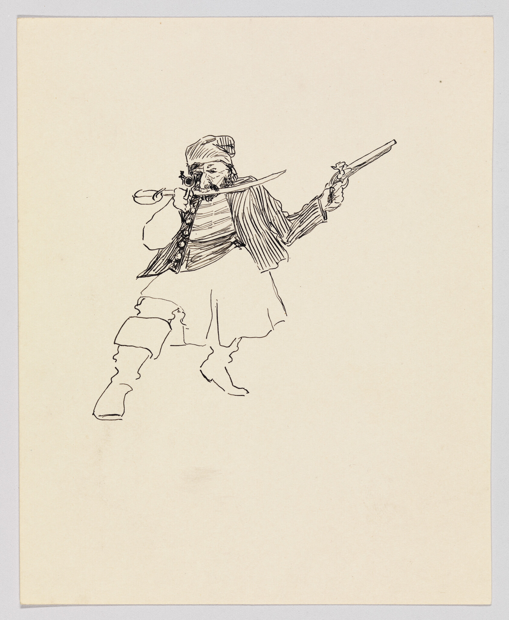 A bearded man aims a musket while holding a pistol and a sword in his mouth.