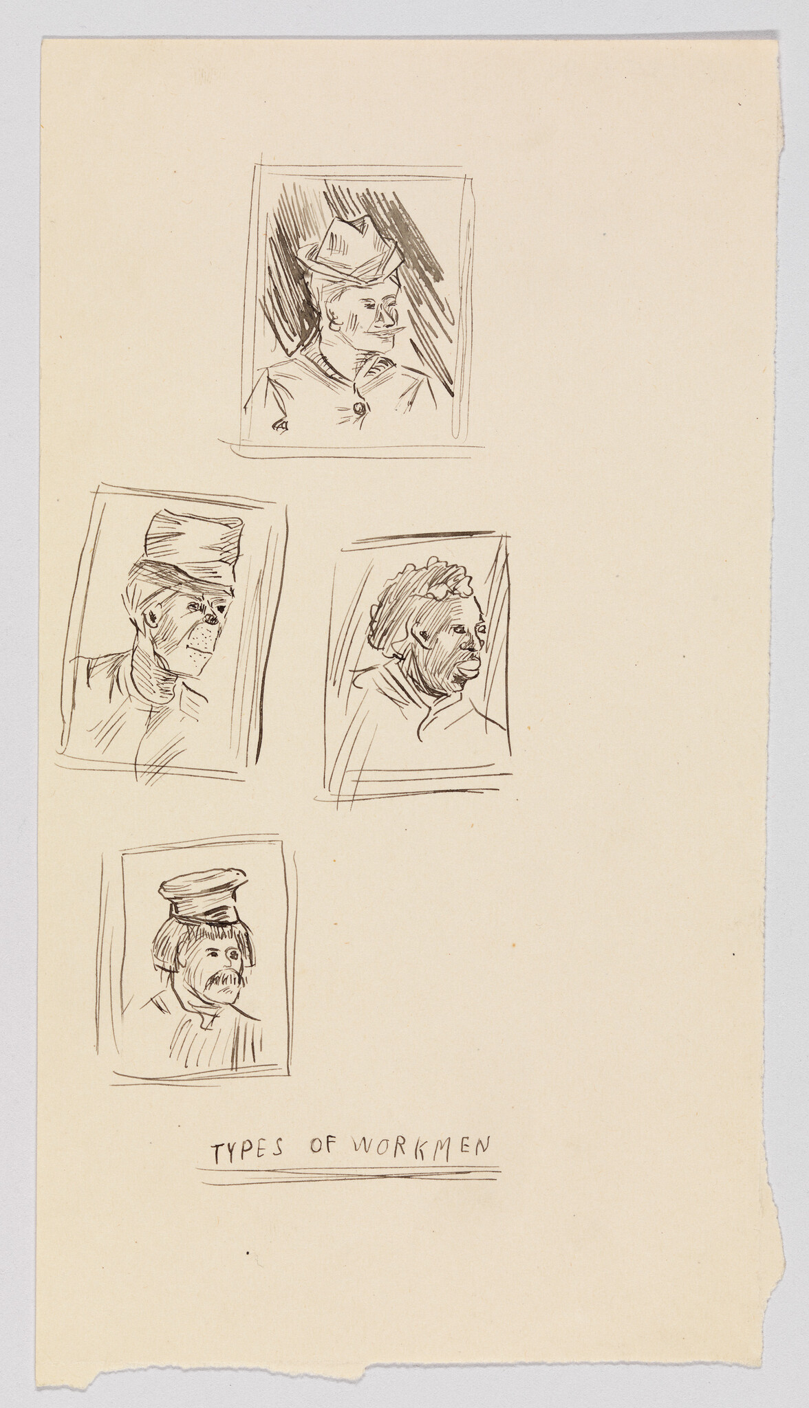 Four simple head-and-shoulders sketches of different workmen labeled "Types of workmen."