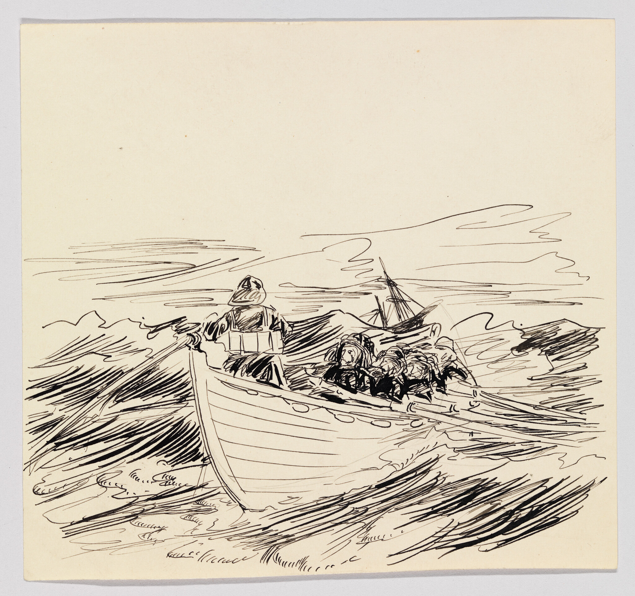 A small rowboat rides rough waves while a sailor steers and crew huddle inside.