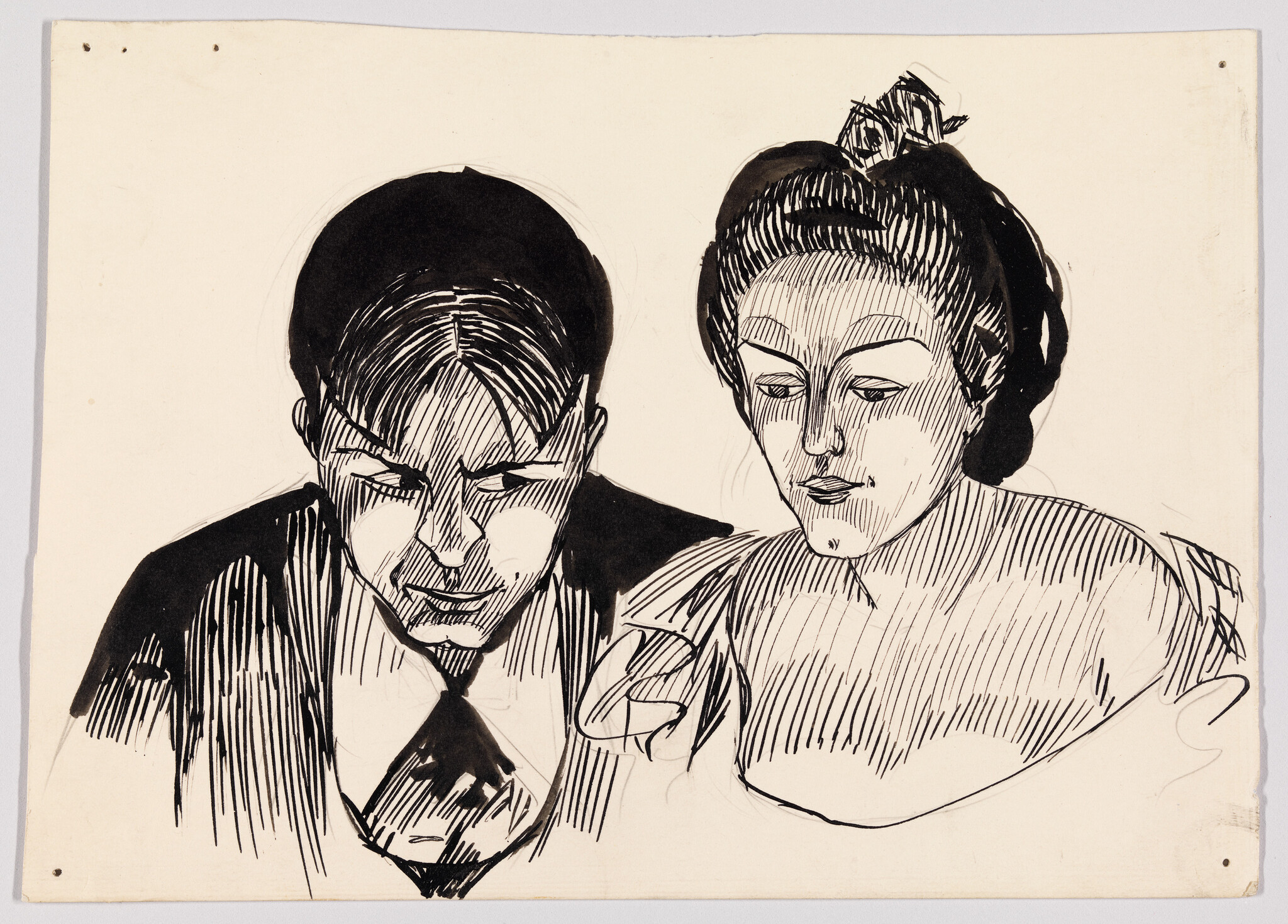A black ink drawing of a man and woman leaning close and looking downward.