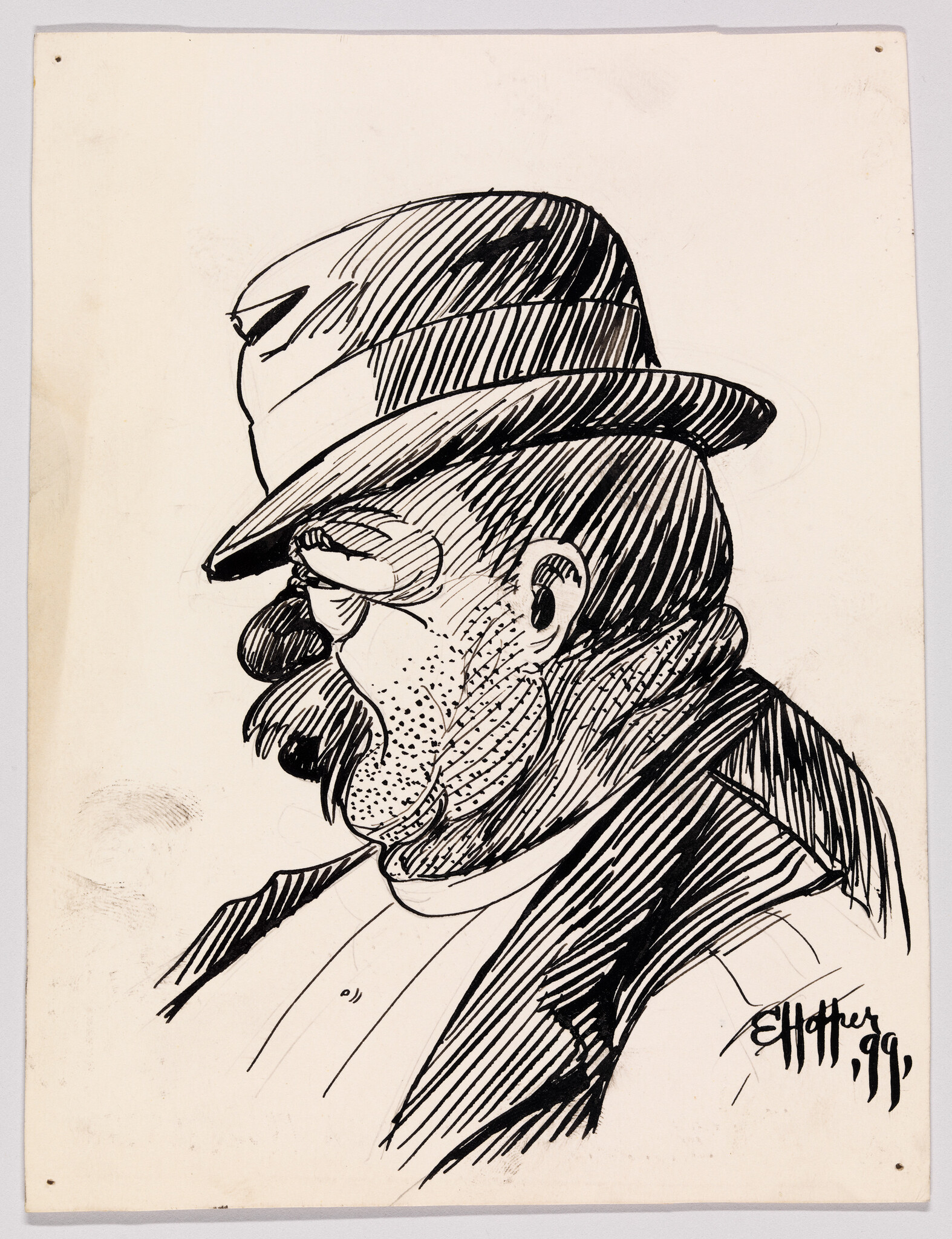 Elderly man with mustache and hat shown in black ink side-profile sketch.