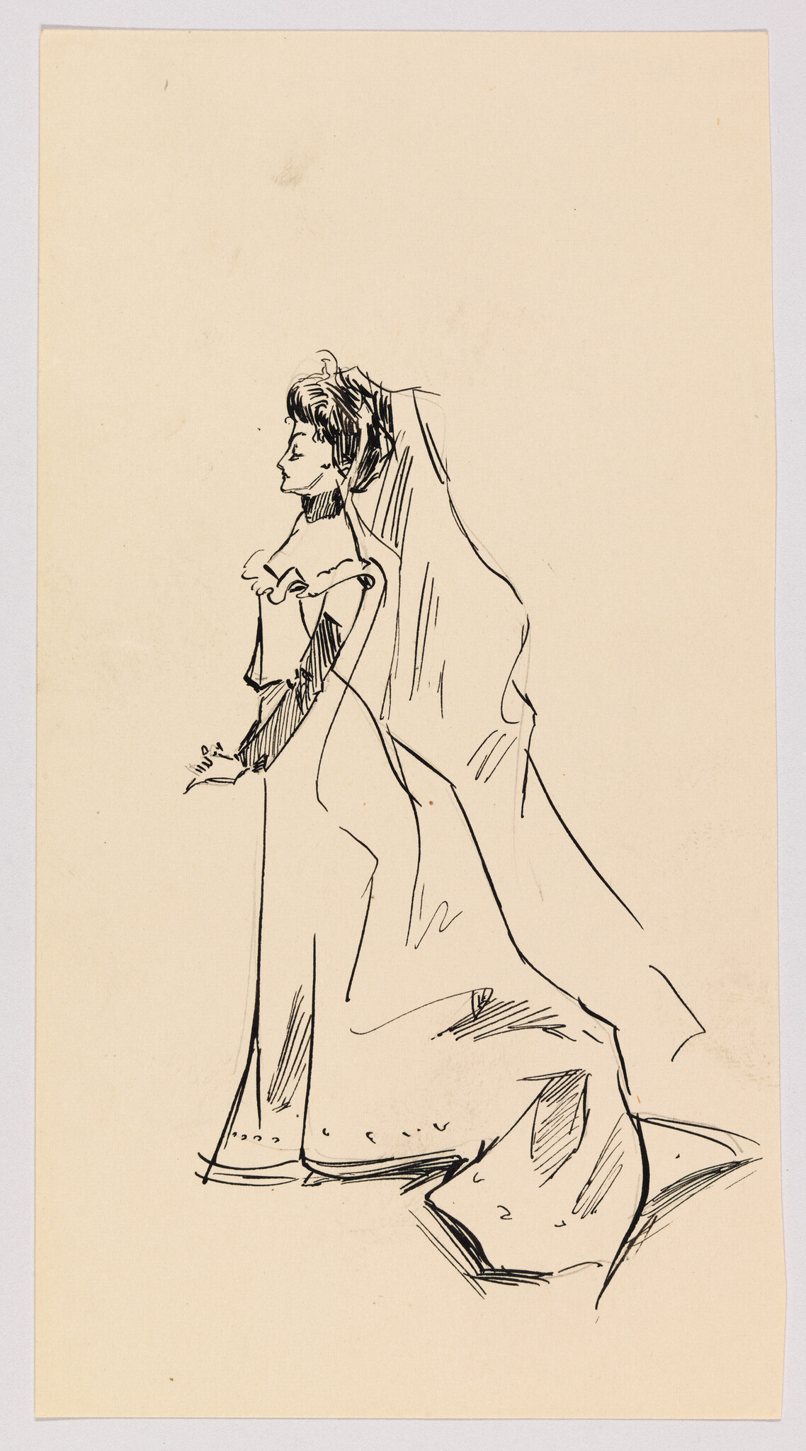 A woman in a long gown and veil stands in profile, drawn with loose ink lines.