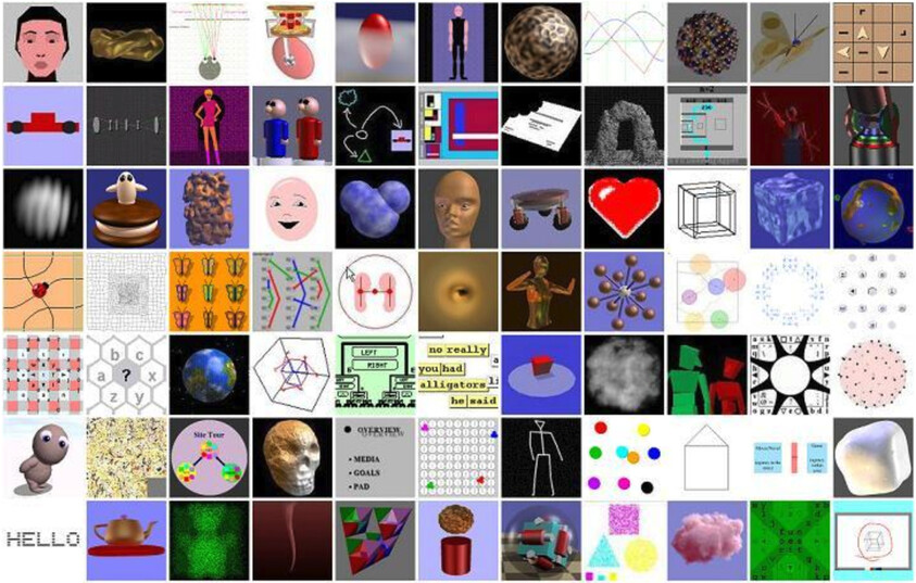 A collage of 72 diverse digital images, including abstract shapes, faces, objects, and patterns, arranged in an 8x9 grid.