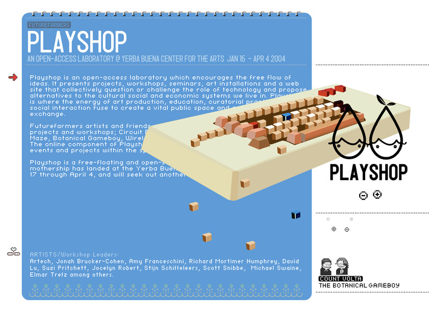 Playshop promotional poster showing blocky keyboard illustration and logo for an open-access art laboratory.