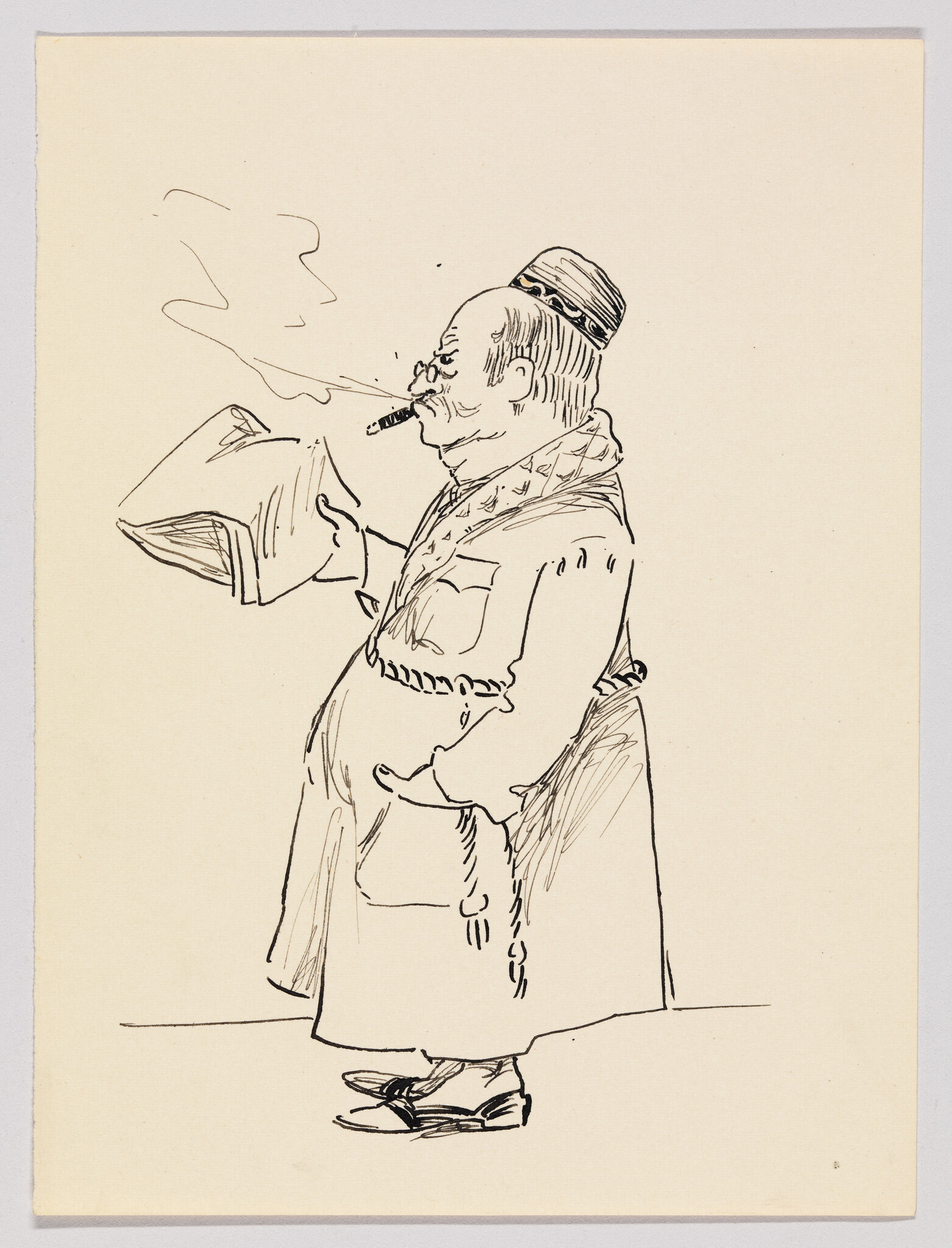 An older man in a robe and cap reads a large book while smoking a cigar.