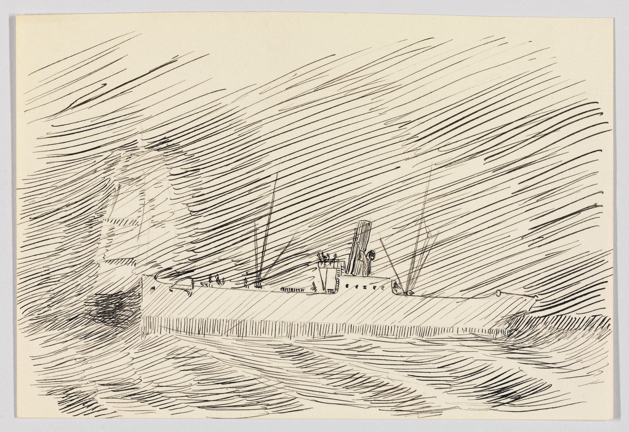A sketch of a steamship at sea with smoke billowing from its stack, surrounded by dynamic, expressive line work suggesting movement and the texture of the water and sky.