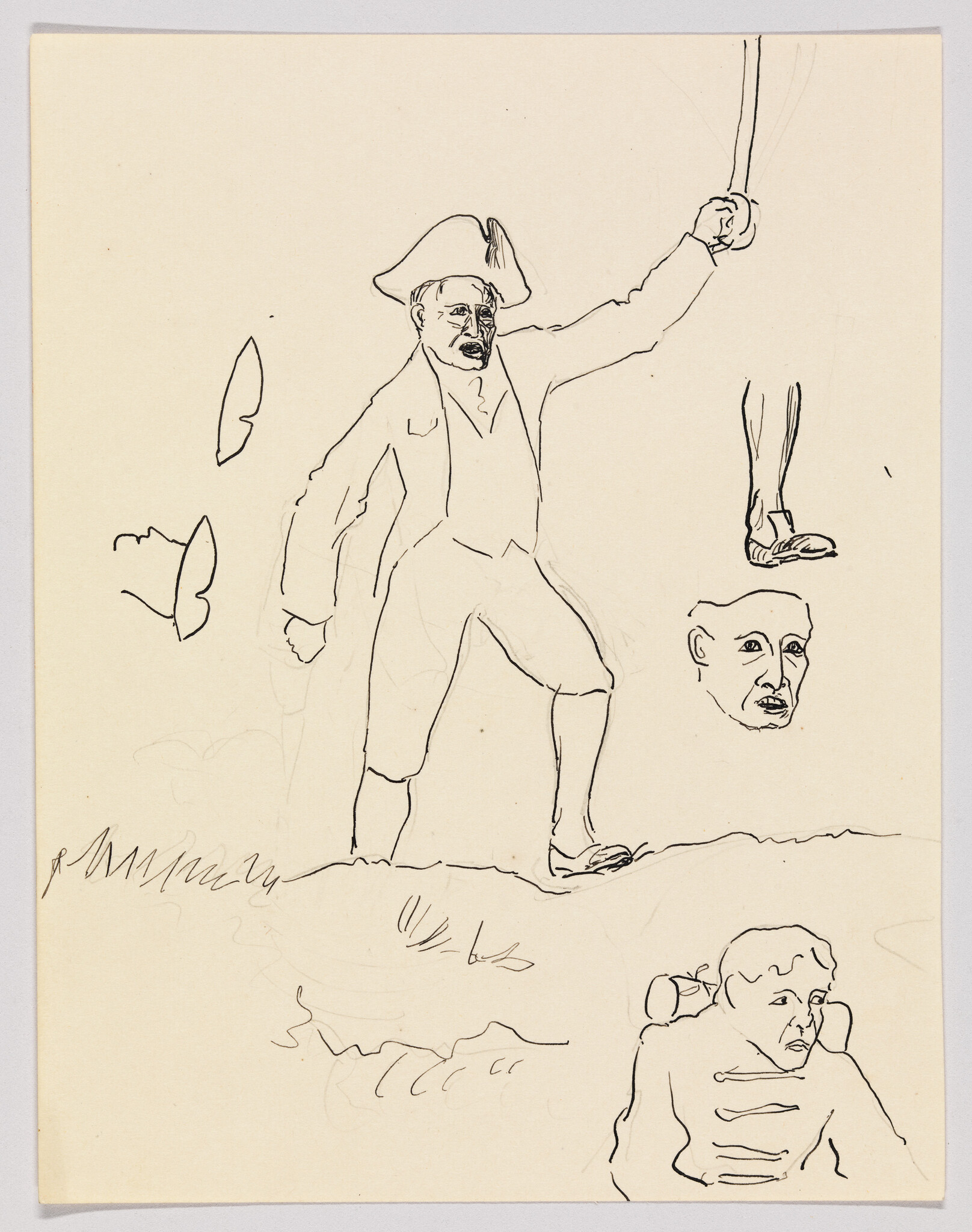 A sketch on paper featuring a central figure of a man in a tricorn hat holding a sword aloft. To the left, there are two butterfly outlines, and to the right, a disembodied pair of legs wearing sandals is suspended in the air. Below the central figure are two sketched faces, one looking forward and the other in profile. The drawing has a loose, unfinished quality with visible pencil lines and blank spaces.