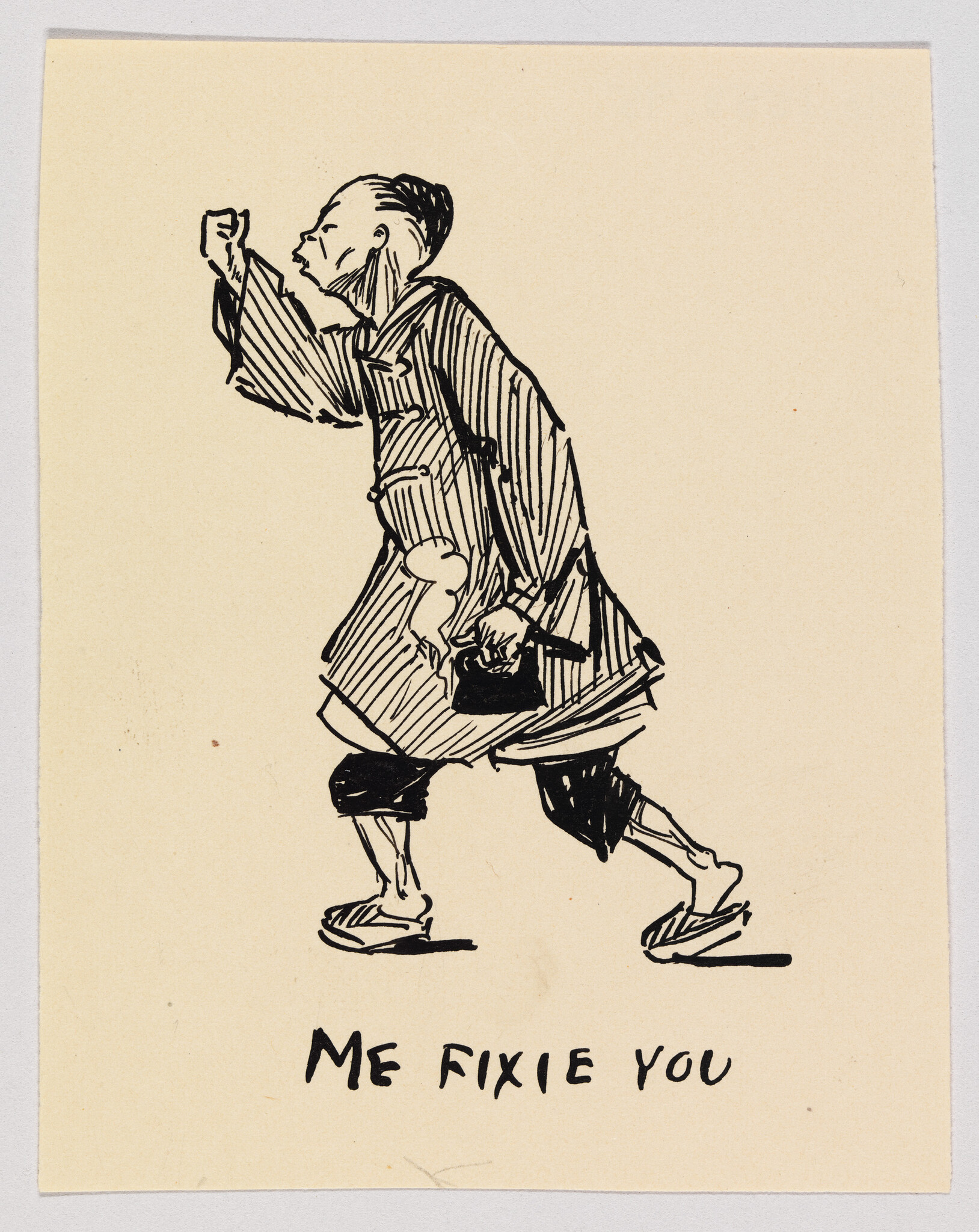 An angry man in robe strides forward with raised fist and a cleaver, text reads "ME FIXIE YOU".