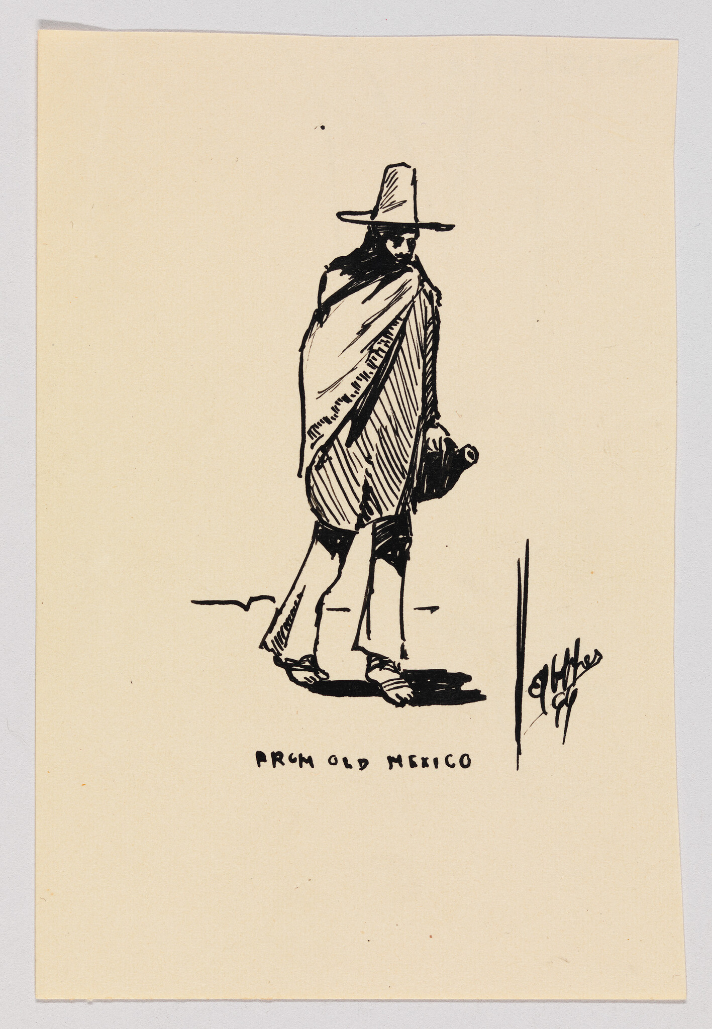 A sketch of a person in a wide-brim hat and poncho walking and carrying a jug.
