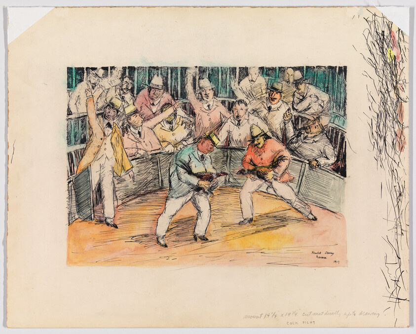 A colorful sketch of a chaotic boxing match with two boxers in the center, surrounded by an animated crowd of spectators who are cheering and gesturing excitedly. The artwork is signed "Russell Cheney" and dated 1917, with the title "Cork Fight" written at the bottom. The edges of the paper are irregular and aged, with some discoloration and scribbles visible on the right side.
