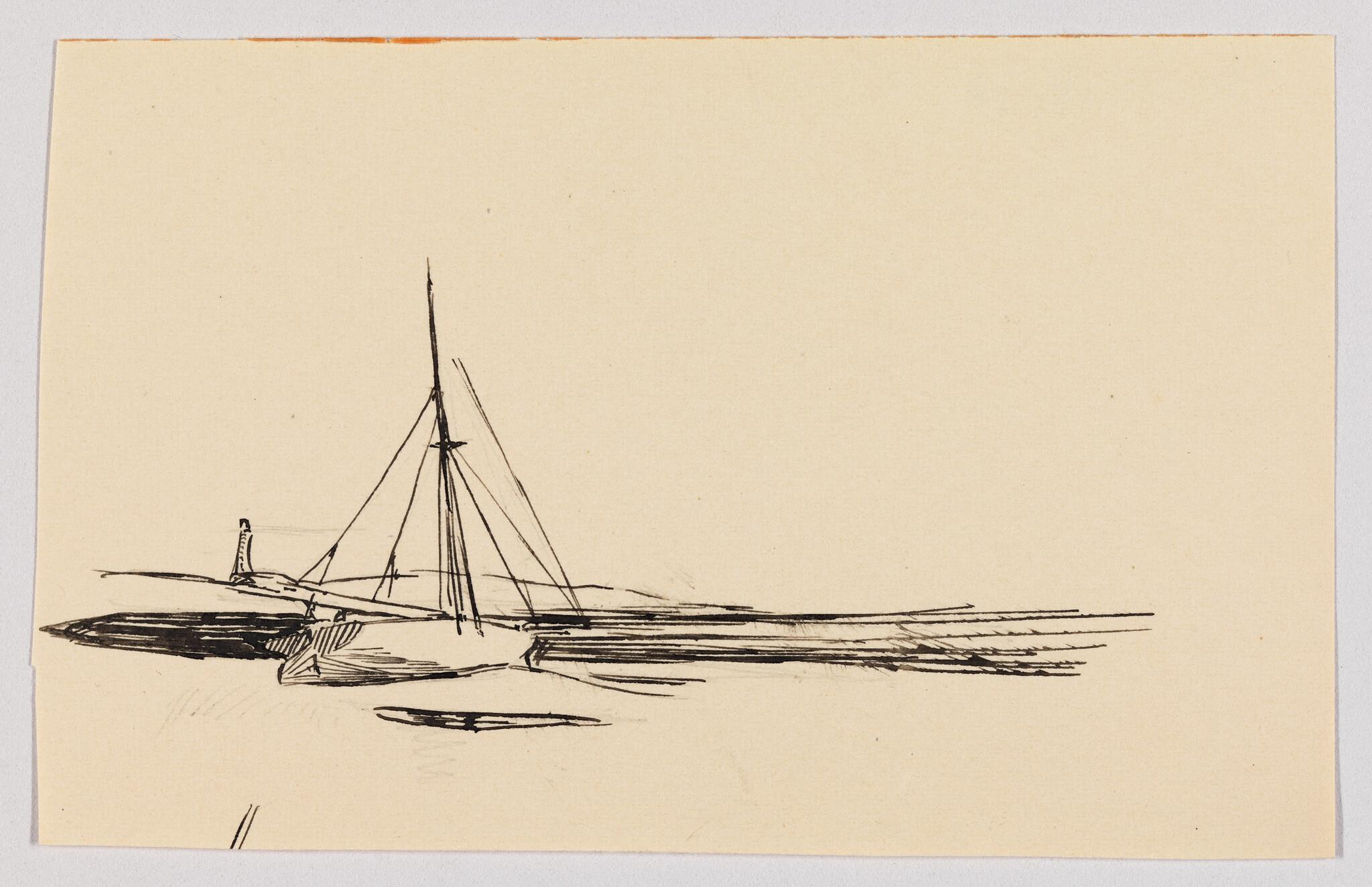A simple ink sketch of a small sailboat with tall mast near a low shoreline.