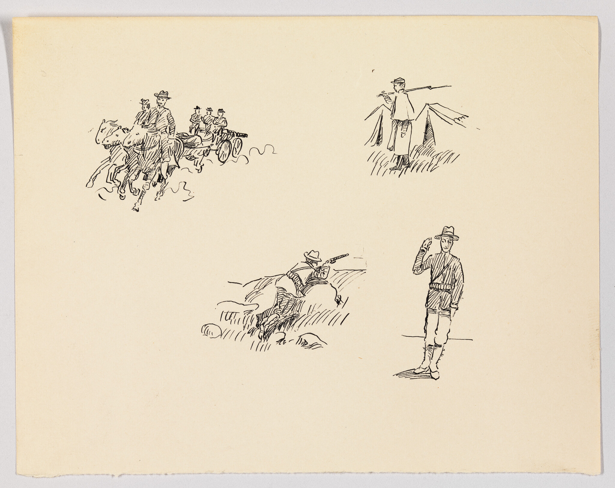 Four small pen sketches of soldiers: horse-drawn wagon, camp rifleman, prone shooter, and saluting soldier.