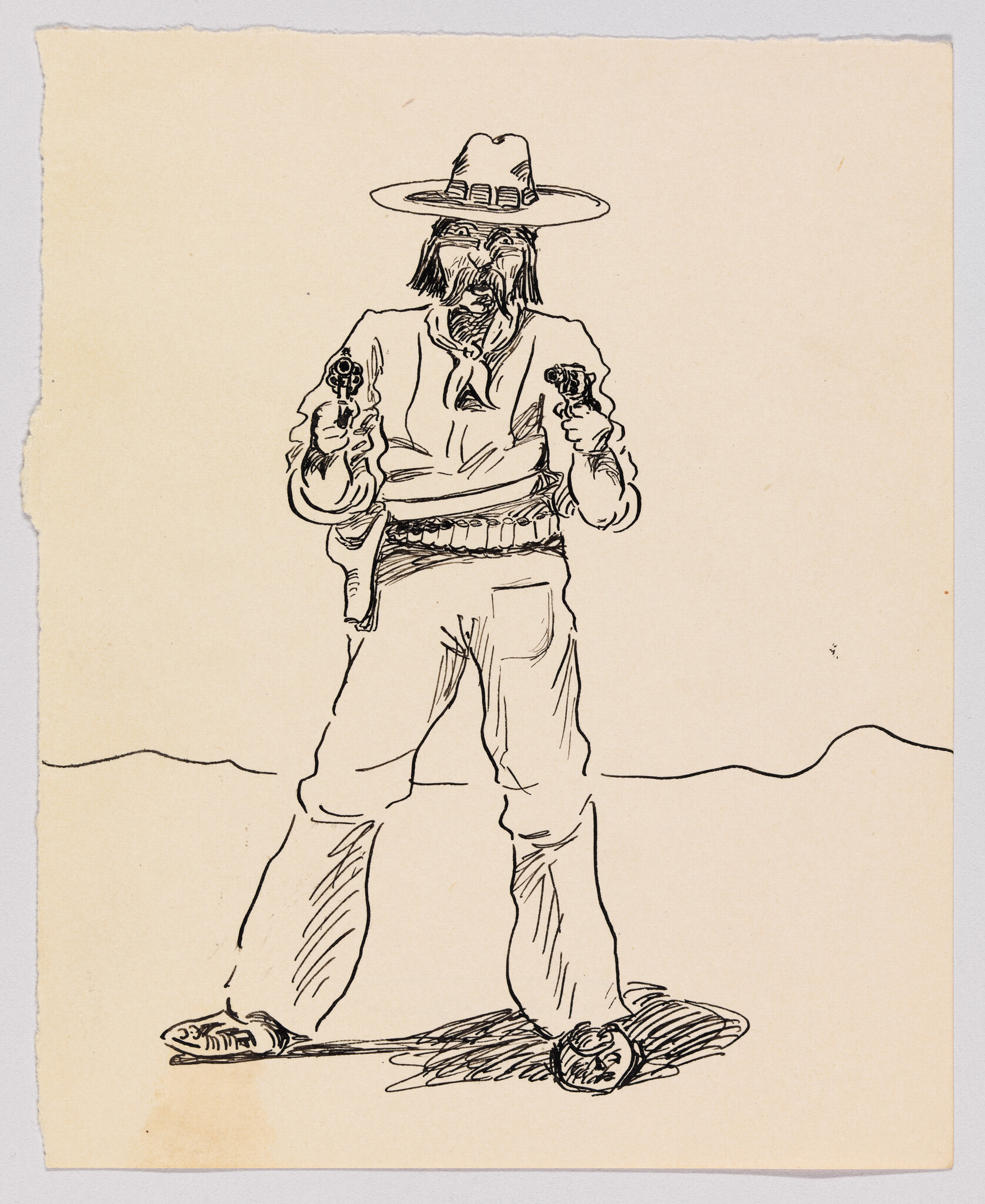 A cowboy wearing a wide hat and bandolier stands in the desert pointing two pistols forward.