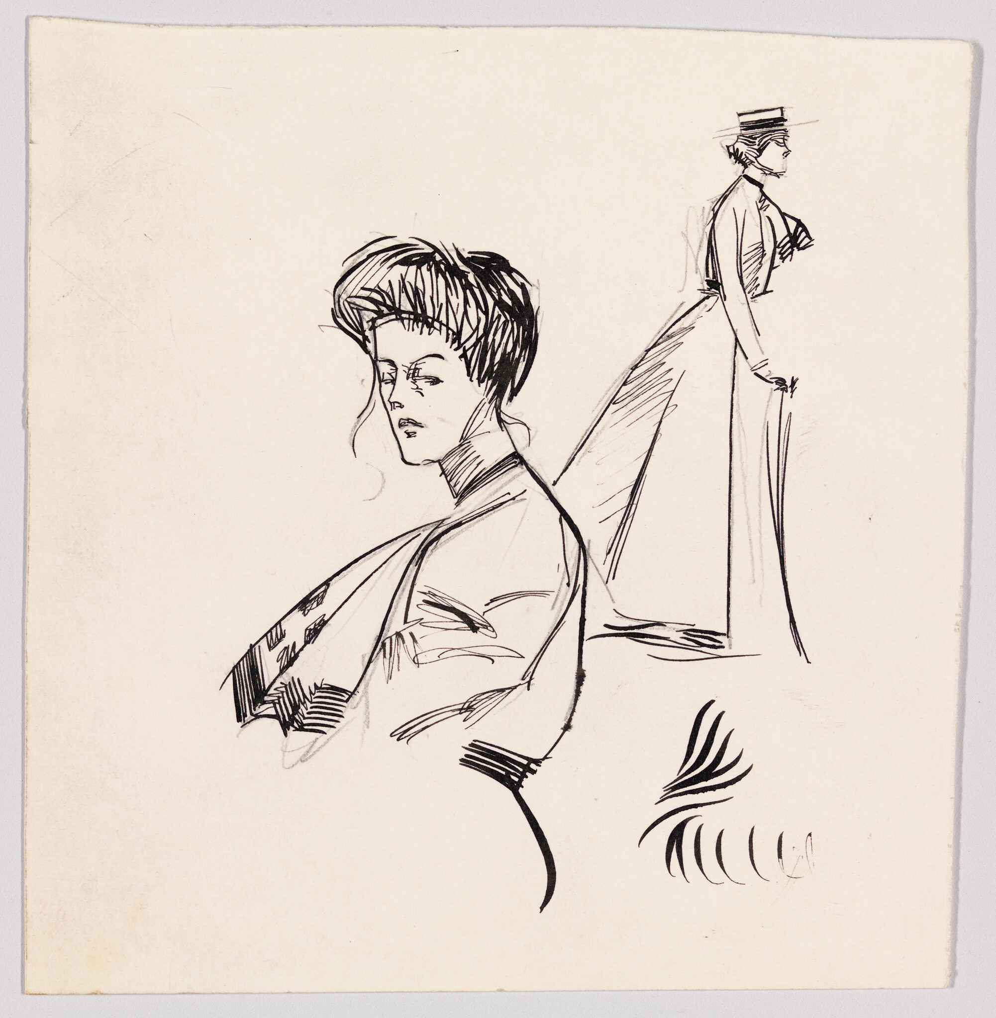 A woman sketched twice in ink, showing a close-up portrait and a full-length figure wearing a hat.