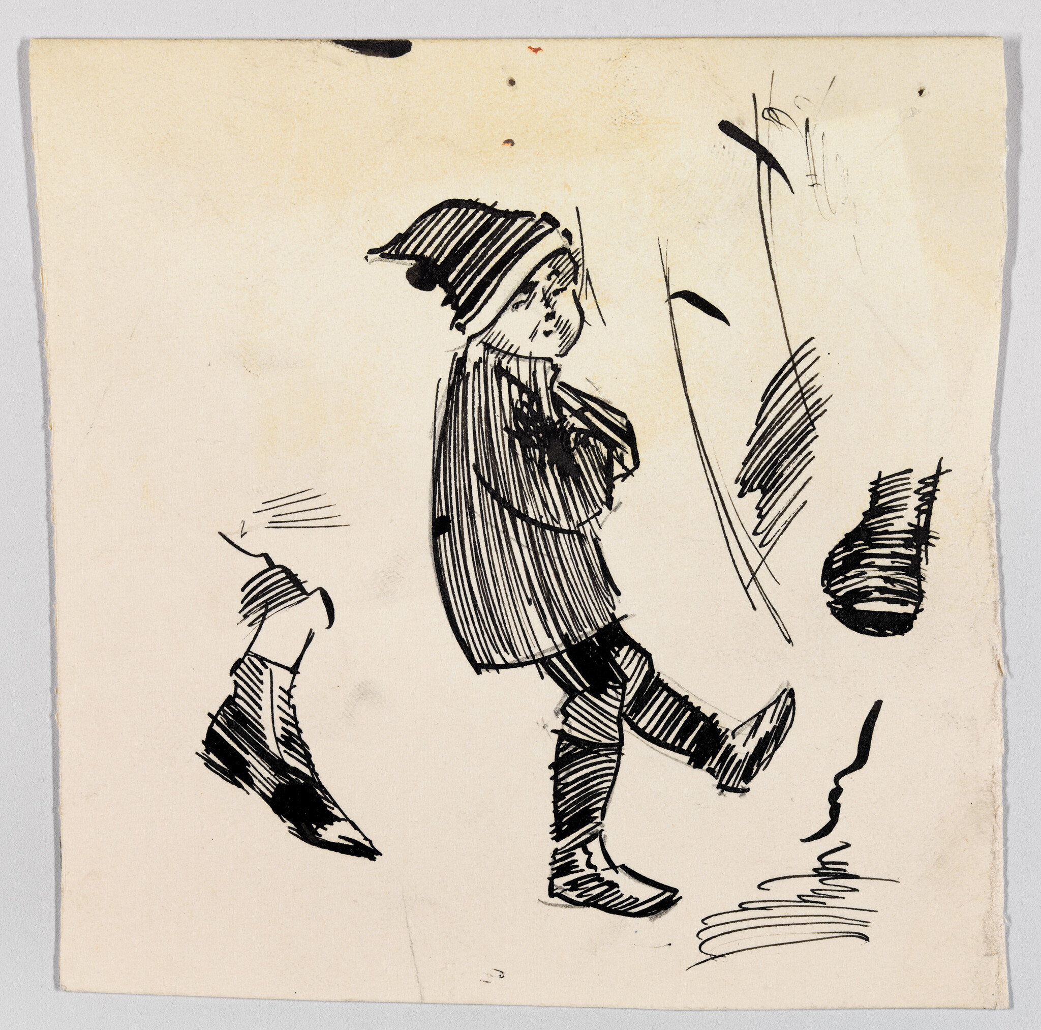 A child in a striped coat and pointed hat marches forward with one leg lifted.