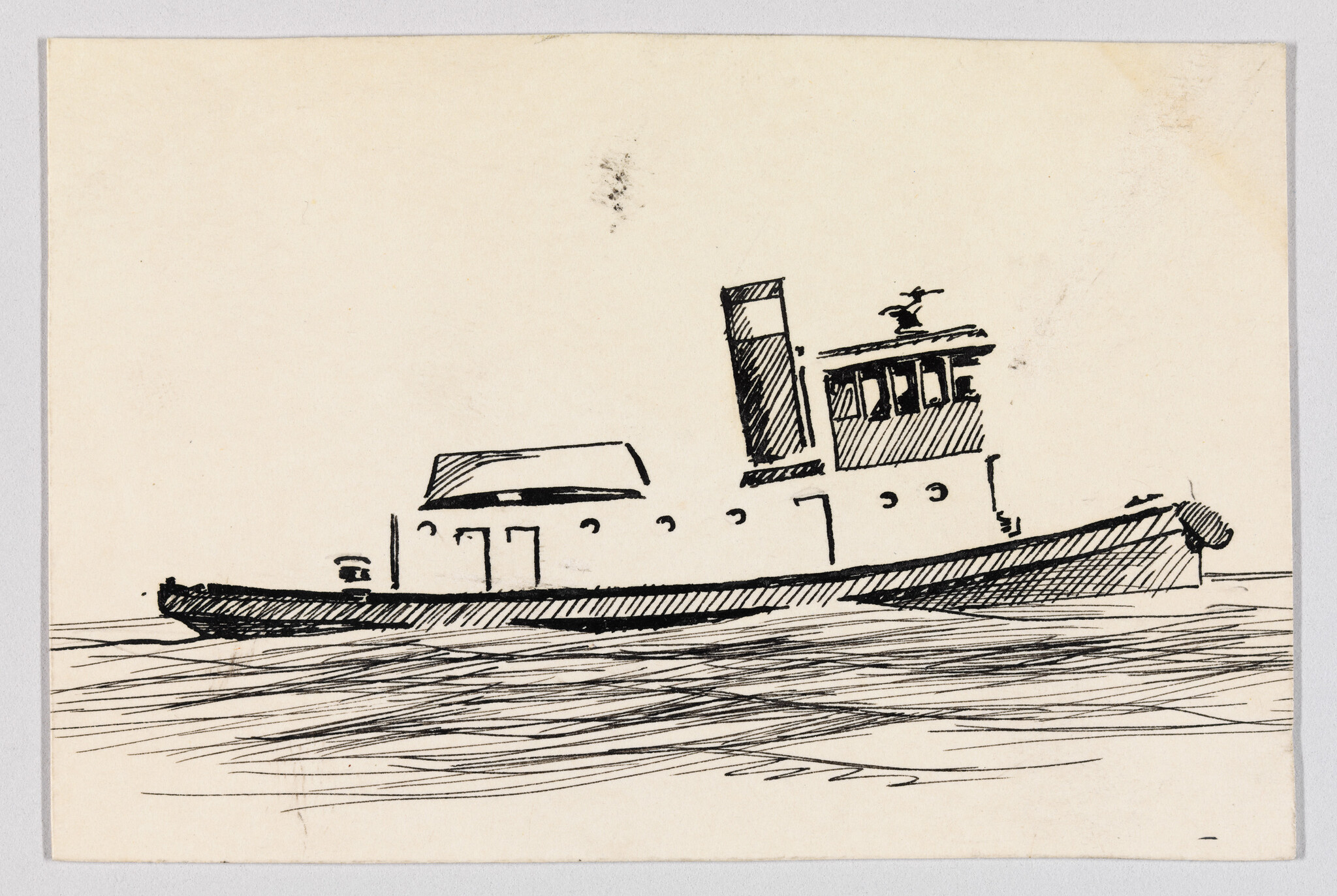 A black ink sketch of a small tugboat sailing on gently rippled water.