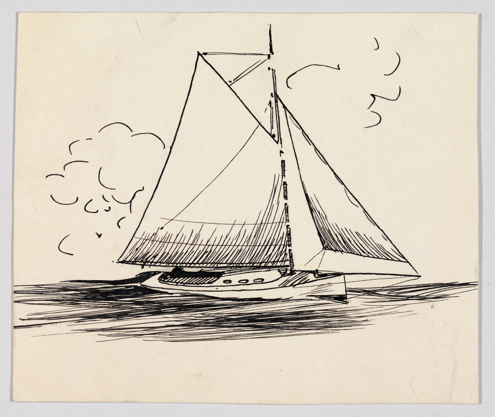 A sailboat with two large sails glides across choppy water in a simple ink sketch.
