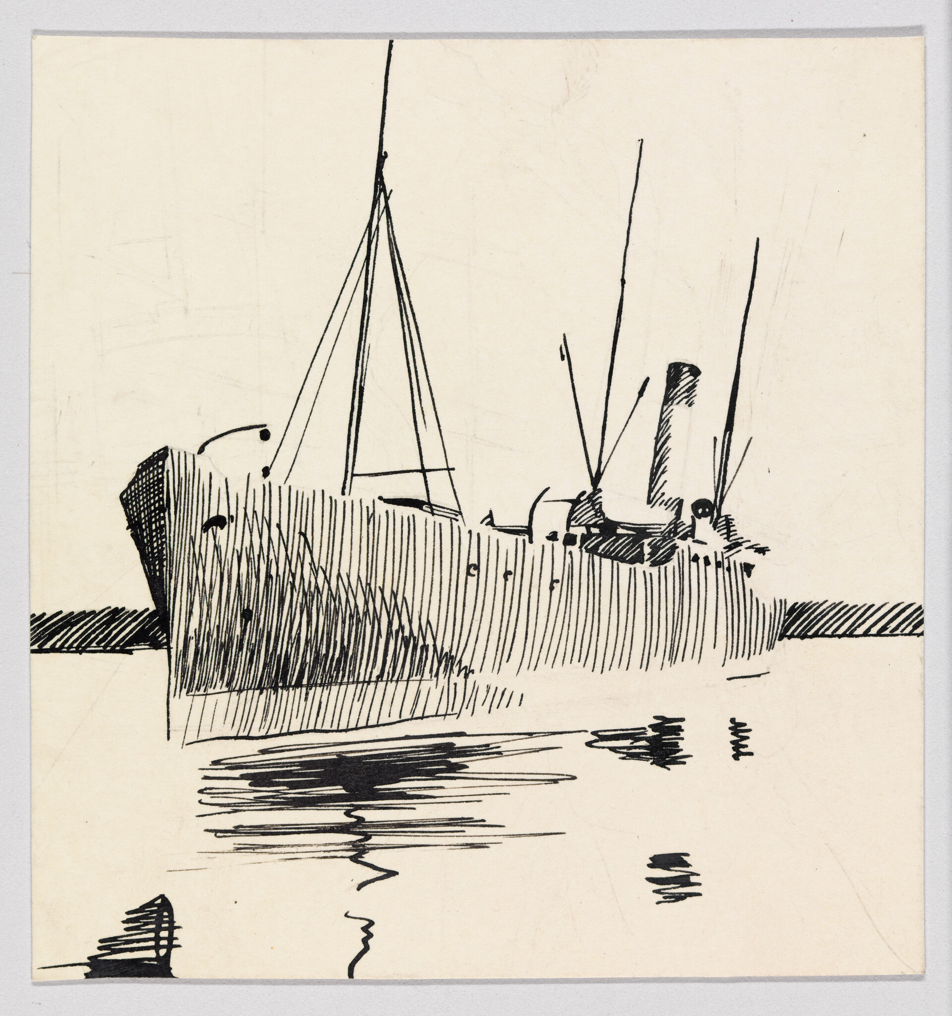A pen sketch of a moored ship with tall masts and its reflection in calm water.