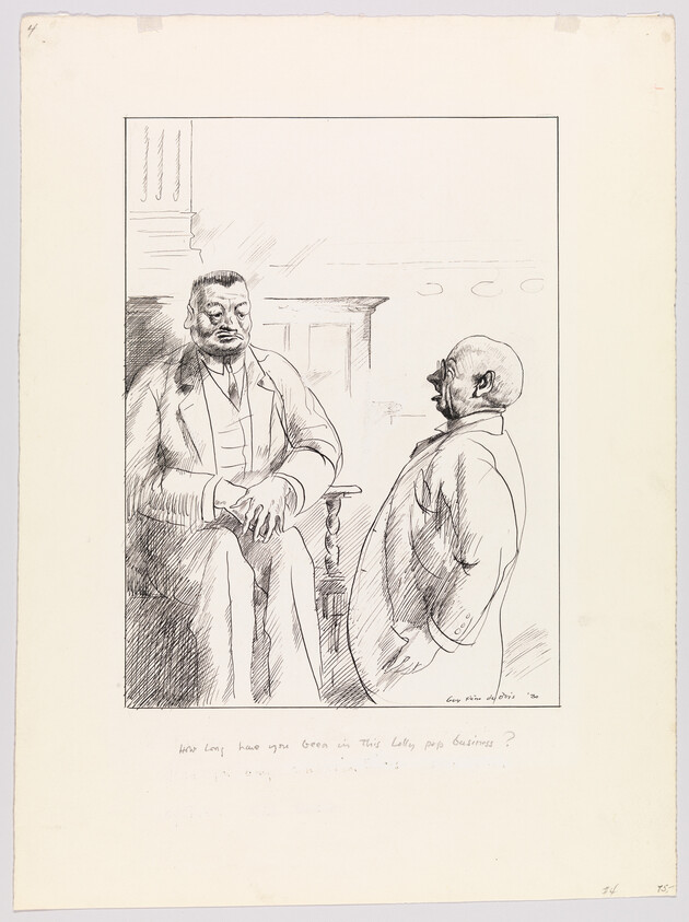 A heavyset seated man listens as a smaller standing man speaks to him.