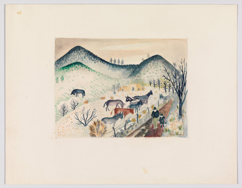 A watercolor painting depicting a rural landscape with rolling hills in the background and a variety of animals, including horses and cows, grazing in the foreground. There are sparse trees and shrubs scattered throughout the scene, and a small fenced area can be seen in the middle distance. The colors are muted with an emphasis on earth tones.