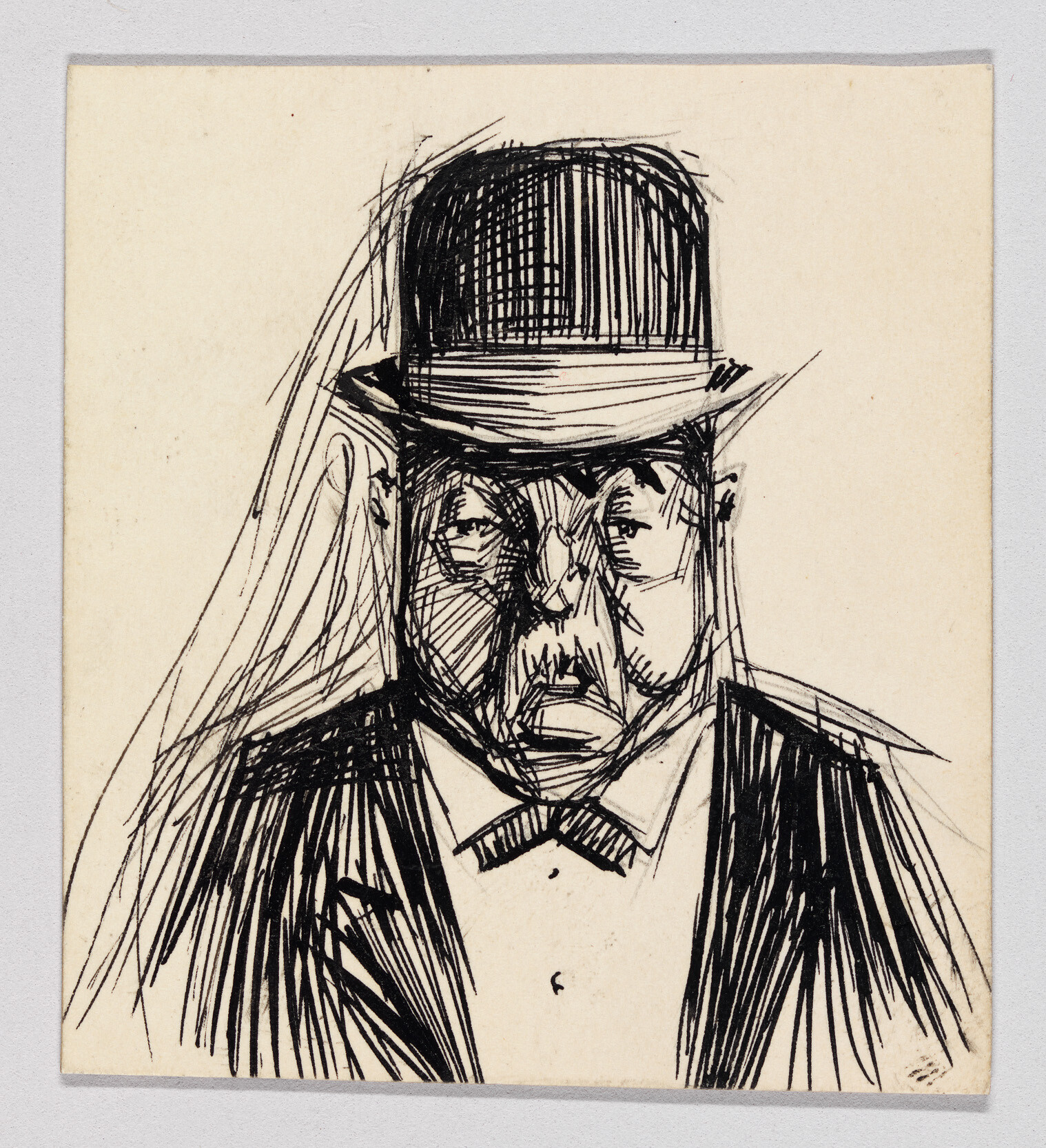 A stern man wearing a bowler hat and suit is sketched with dark, rough pen lines.