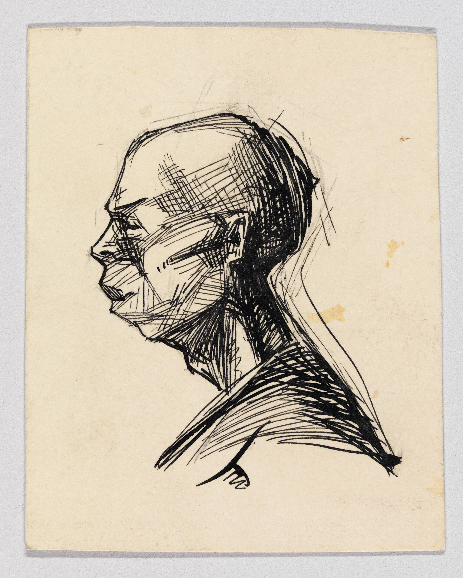 Profile sketch of a bald person with heavy pen crosshatching and strong neck lines.