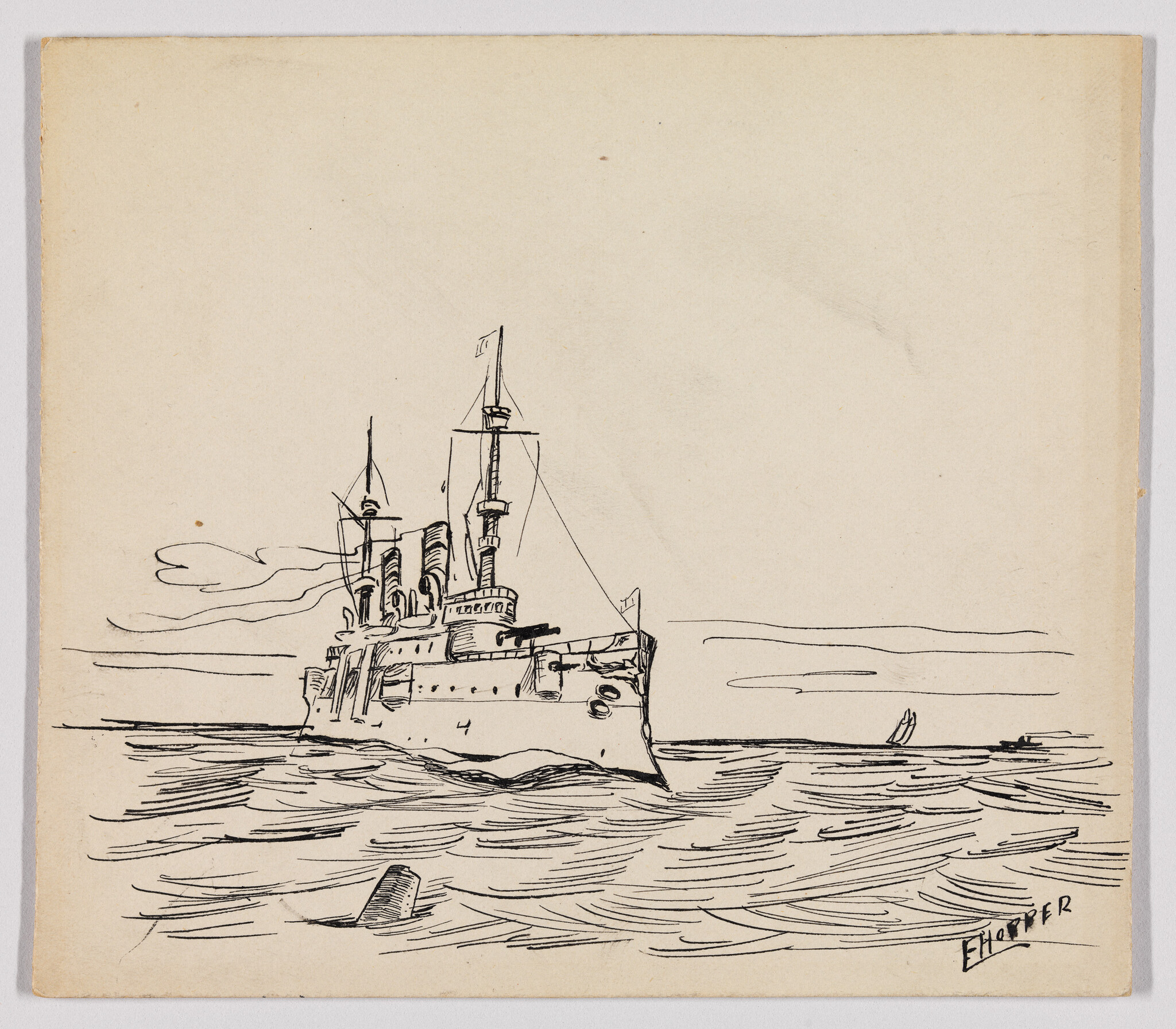 A large early 20th-century battleship sails on calm seas with visible gun turrets and masts.