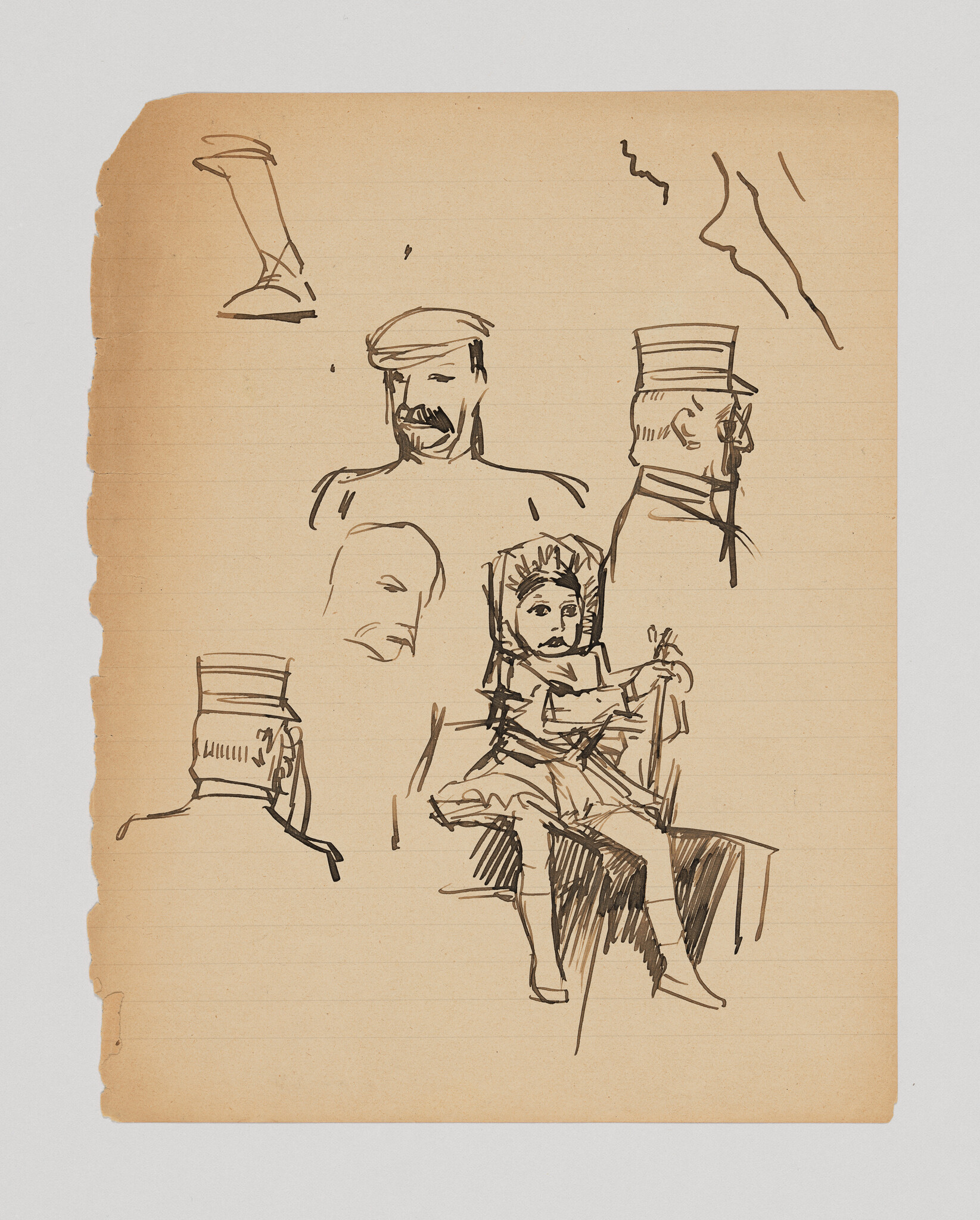 Young girl in bonnet sits on a chair holding a stick while several men's head sketches surround her.