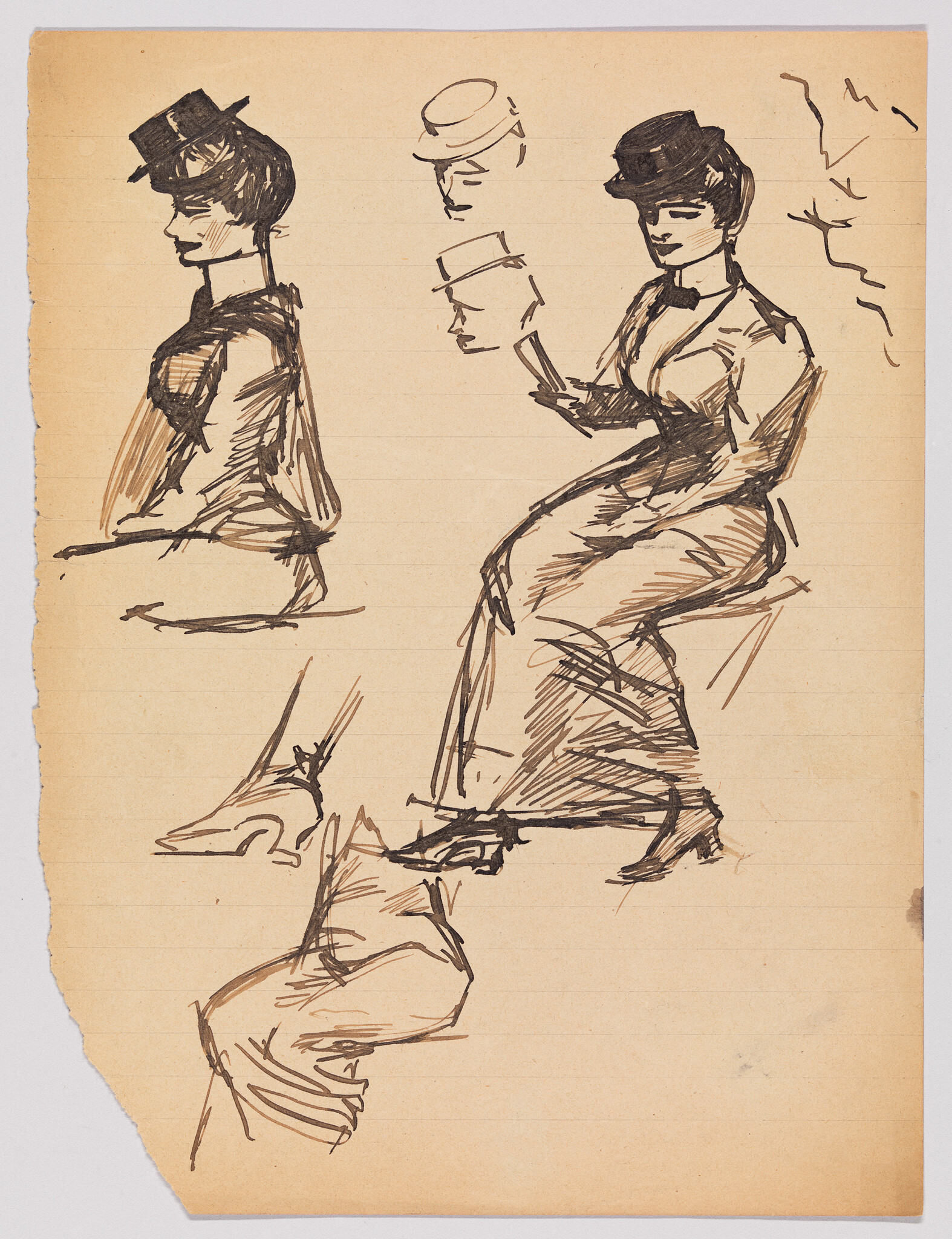 Several ink sketches of women wearing hats, including a seated woman reading a small book.