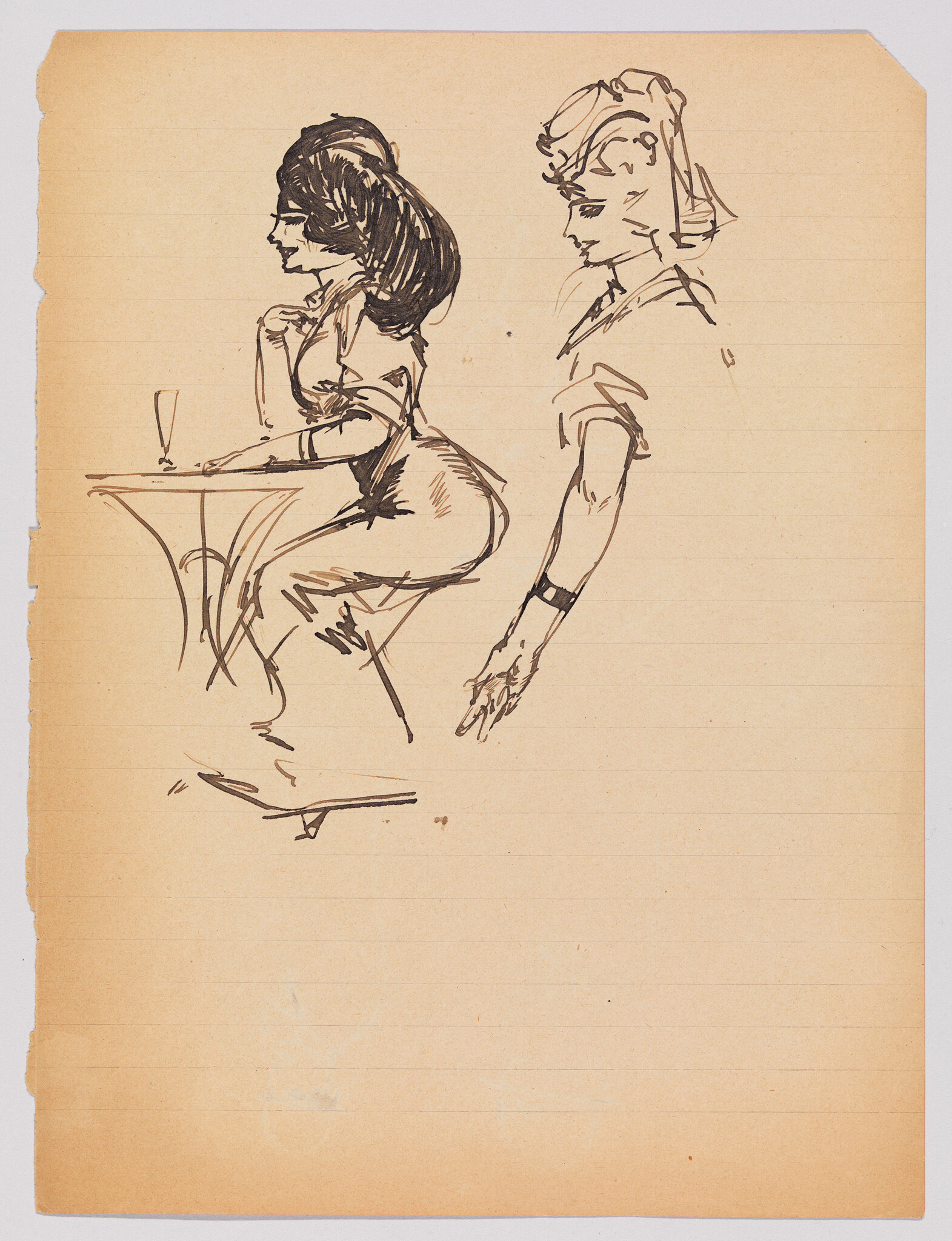 Two ink sketches of women, one seated at a small table with a drink and one standing.