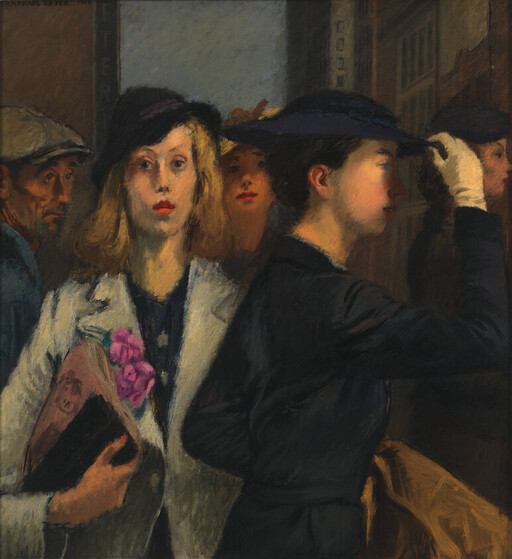Two women standing in a street crowd, one holding a book and flowers, the other adjusting her hat.