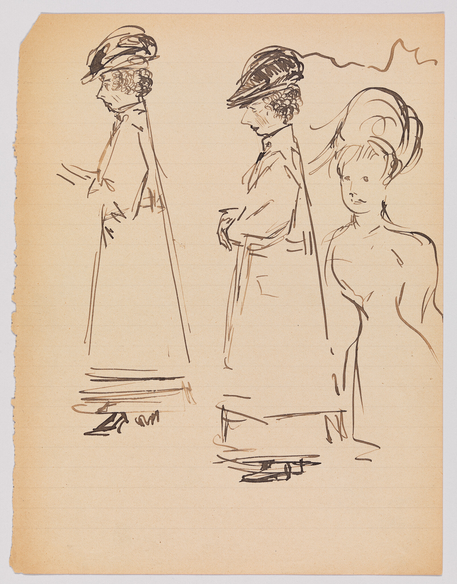 Three ink sketches of women wearing long coats and hats, two in profile and one facing forward.