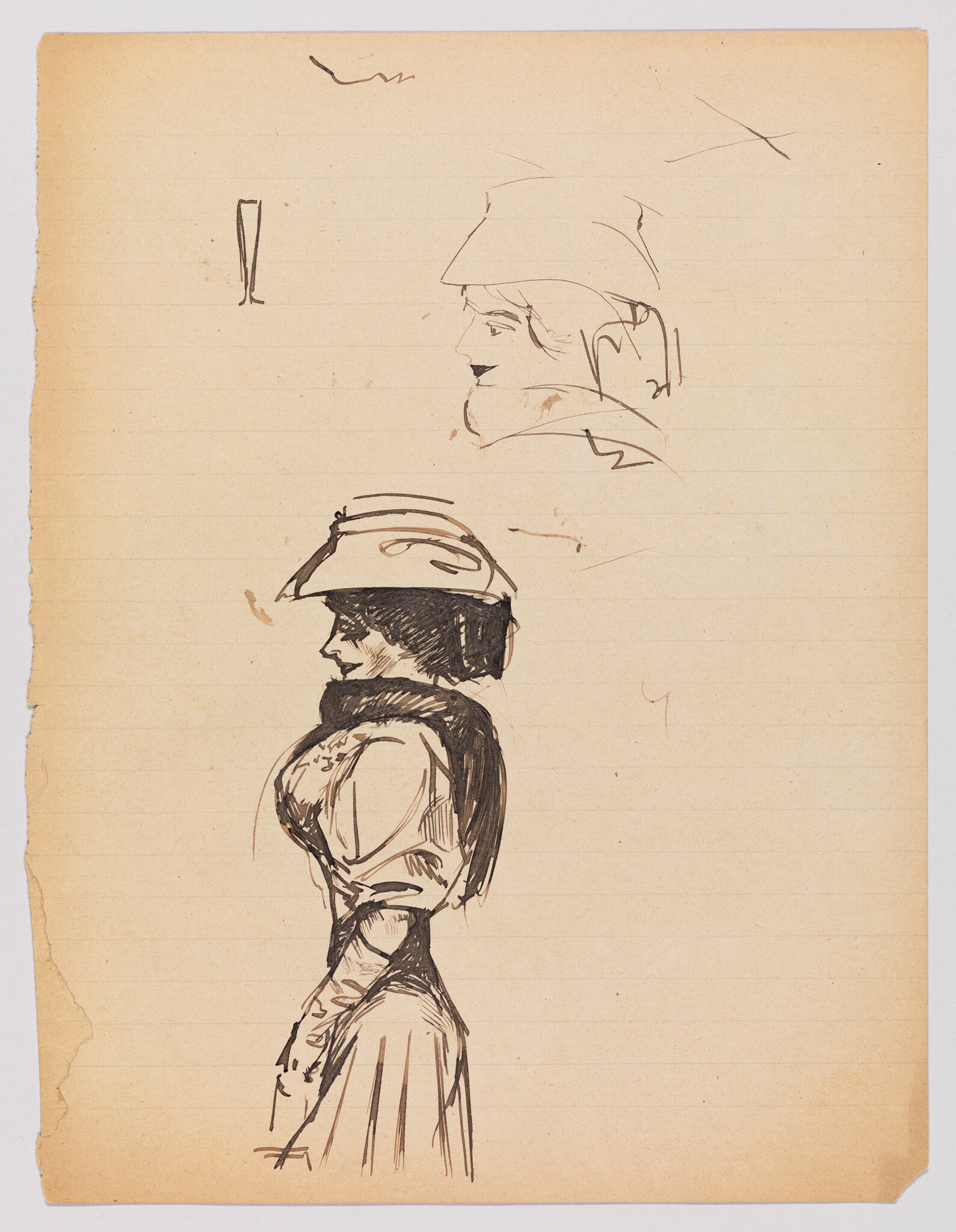 A pen sketch of a woman in profile wearing a hat, scarf, and a long dress.