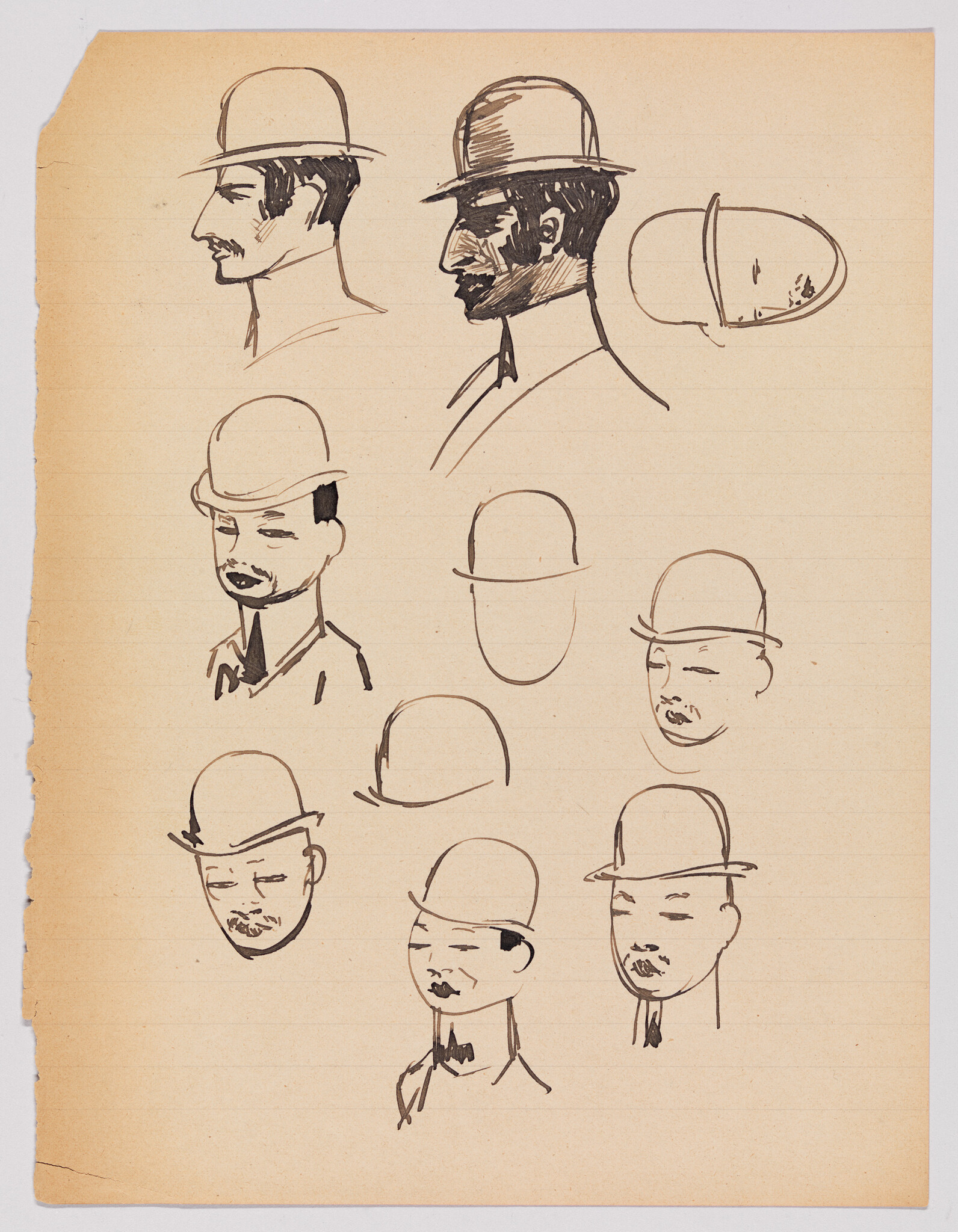 Several ink sketches show men's heads wearing bowler hats in different angles on lined paper.