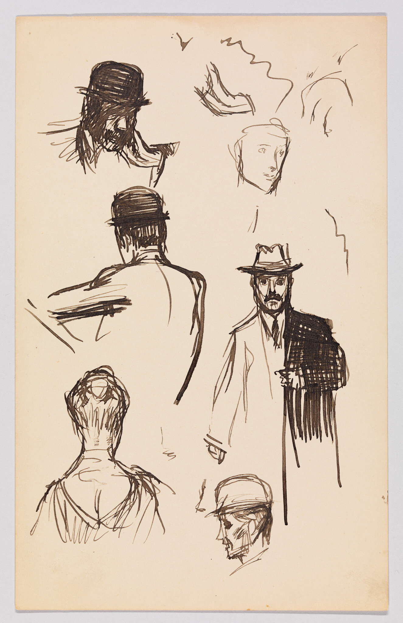 Several quick ink sketches of men wearing hats shown from different angles.