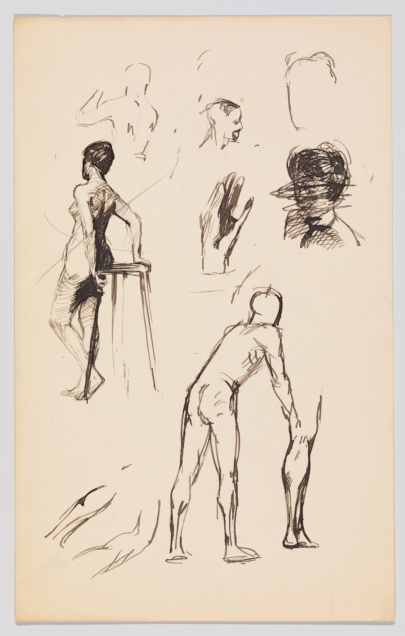 Several quick ink figure and hand sketches showing standing and leaning nude poses on paper.