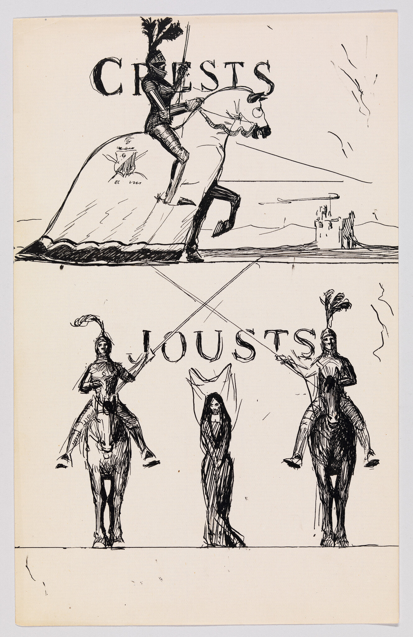 Three armored jousters on horses surround a draped woman beneath the words "CRESTS" and "JOUSTS".